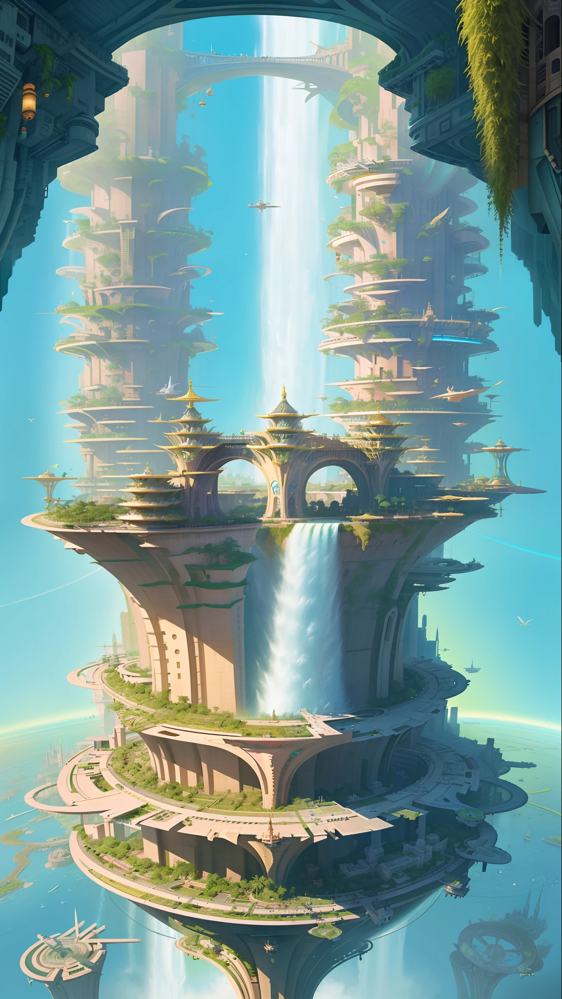 aerial view, stacked architecture city on giant towers and rings with many arches and bridges and flowering terraces, (colorful vegetation:1.3), sci-fi futuristic architecture, waterfalls, many boats and ships, a matte painting by james gurney, trending on cgsociety, oversaturated, ultra sharp, hyper realistic