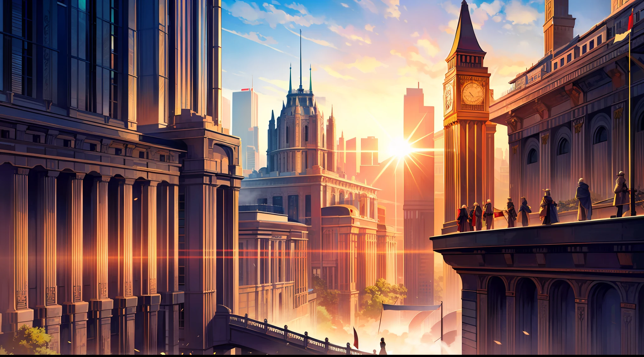(Cinematic quality),(Complicated details),(Ascending Sun Empire),(Red alert),A bustling capital,Spectacular city,The flag is raised,future era