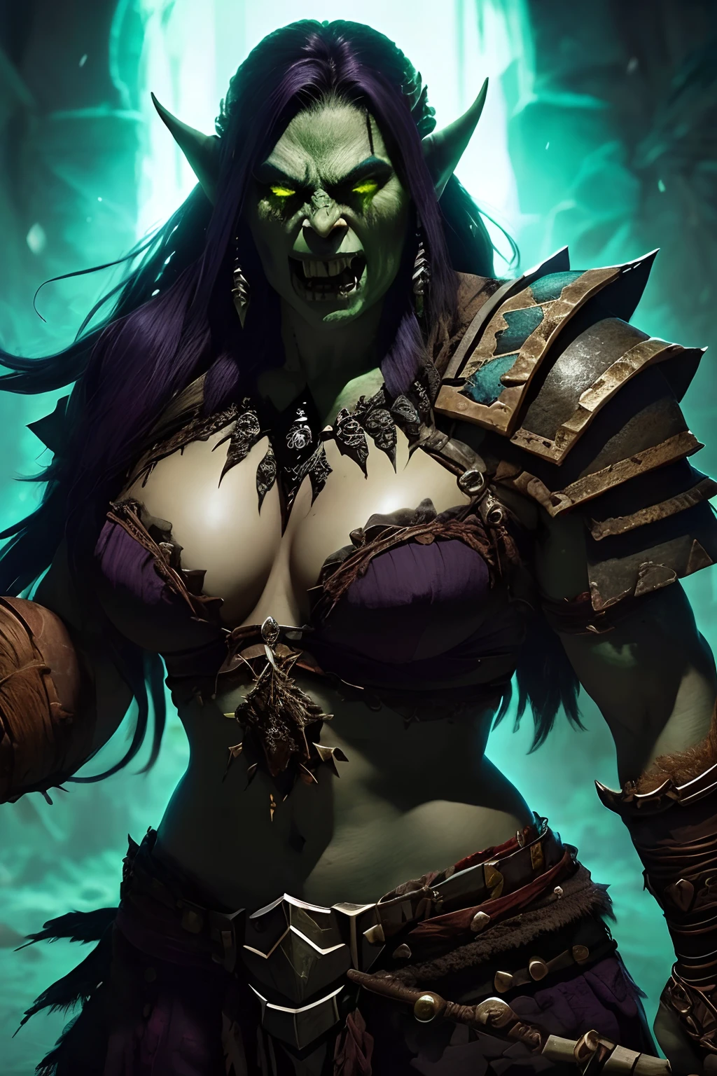 (papel de parede 8k extremamente detalhado), An average photo of a fearsome female Orc necromancer, intrincado, alto detalhe, Dramatic
