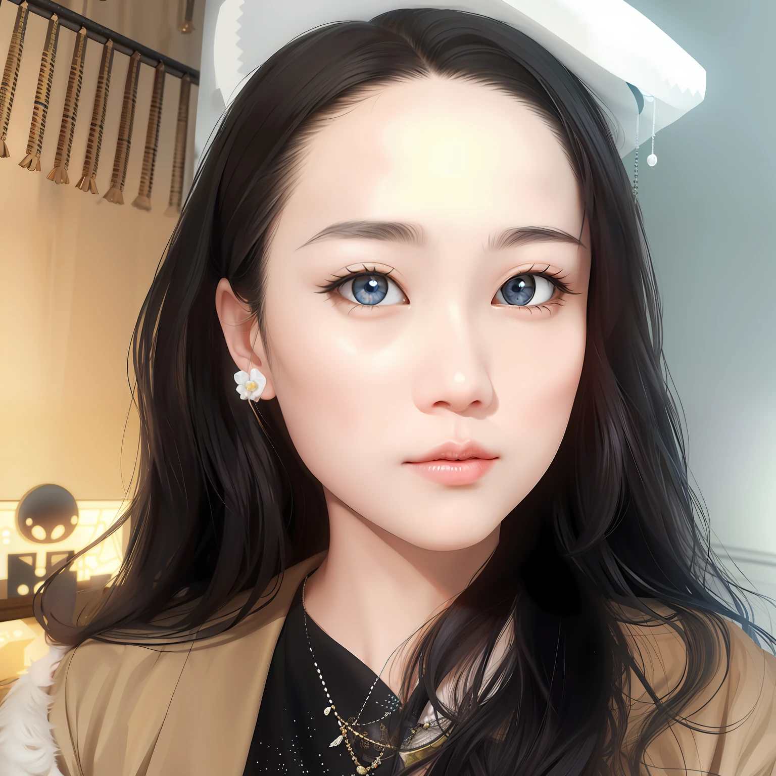 There is a woman with long hair,A necklace is worn around his neck, nft portrait, inspired by Cheng Jiasui, in the art style of bowater, Realistic. Cheng Yi, Kawaii realistic portrait, inspired by Li Fangying, Realistic anime 3 D style, Guviz-style artwork, inspired by Ma Yuanyu, Inspired by Ai Xuan