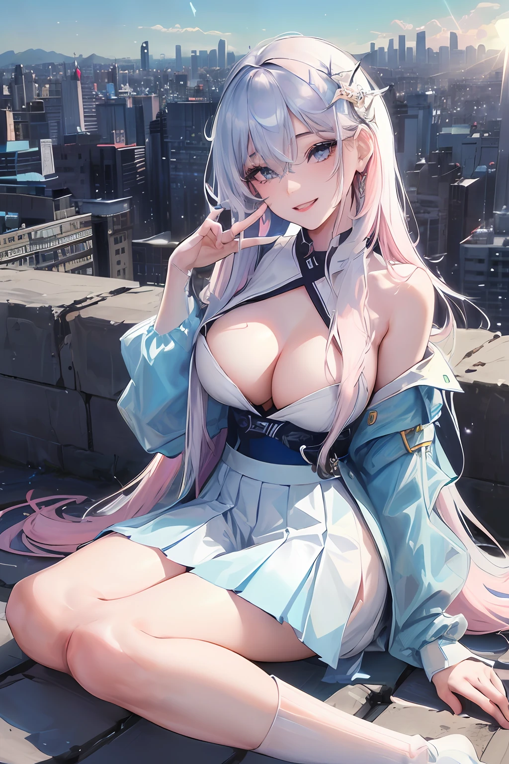official art, masterpiece, sharp focus, (beautiful gorgeous cute Korean woman:1.3), (beautiful cute korean:1.3), korean beauty, Delicate and beautiful hair and eyes and face, realistic, horny, ultra detailed, beautiful girl, blue sky, glow, open shirt, white particle, (sidelighting:1.2), sun light, white cloud, detailed clouds, slender, Lovely very large breasts and very large hips, smile with teeth, ((smile with eyes, open both eyes)), scenery, long straight hair, sexy facial expression, building, (cityscape:1.7), dynamic hair, long straight hair, detailed platinum pink hair, glow blue eyes, (blue pleated shirts + white skirt), white long socks, pale skin, hair ornament, epic scenery,
