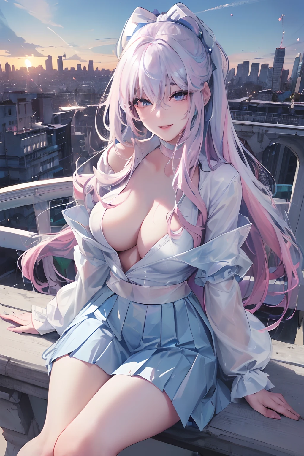 official art, masterpiece, sharp focus, (beautiful gorgeous cute Korean woman:1.3), (beautiful cute korean:1.3), korean beauty, Delicate and beautiful hair and eyes and face, realistic, horny, ultra detailed, beautiful girl, blue sky, glow, open shirt, white particle, (sidelighting:1.2), sun light, white cloud, detailed clouds, slender, Lovely very large breasts and very large hips, smile with teeth, ((smile with eyes, open both eyes)), scenery, long straight hair, sexy facial expression, building, (cityscape:1.7), dynamic hair, long straight hair, detailed platinum pink hair, glow blue eyes, (blue pleated shirts + white skirt), white long socks, pale skin, hair ornament, epic scenery,