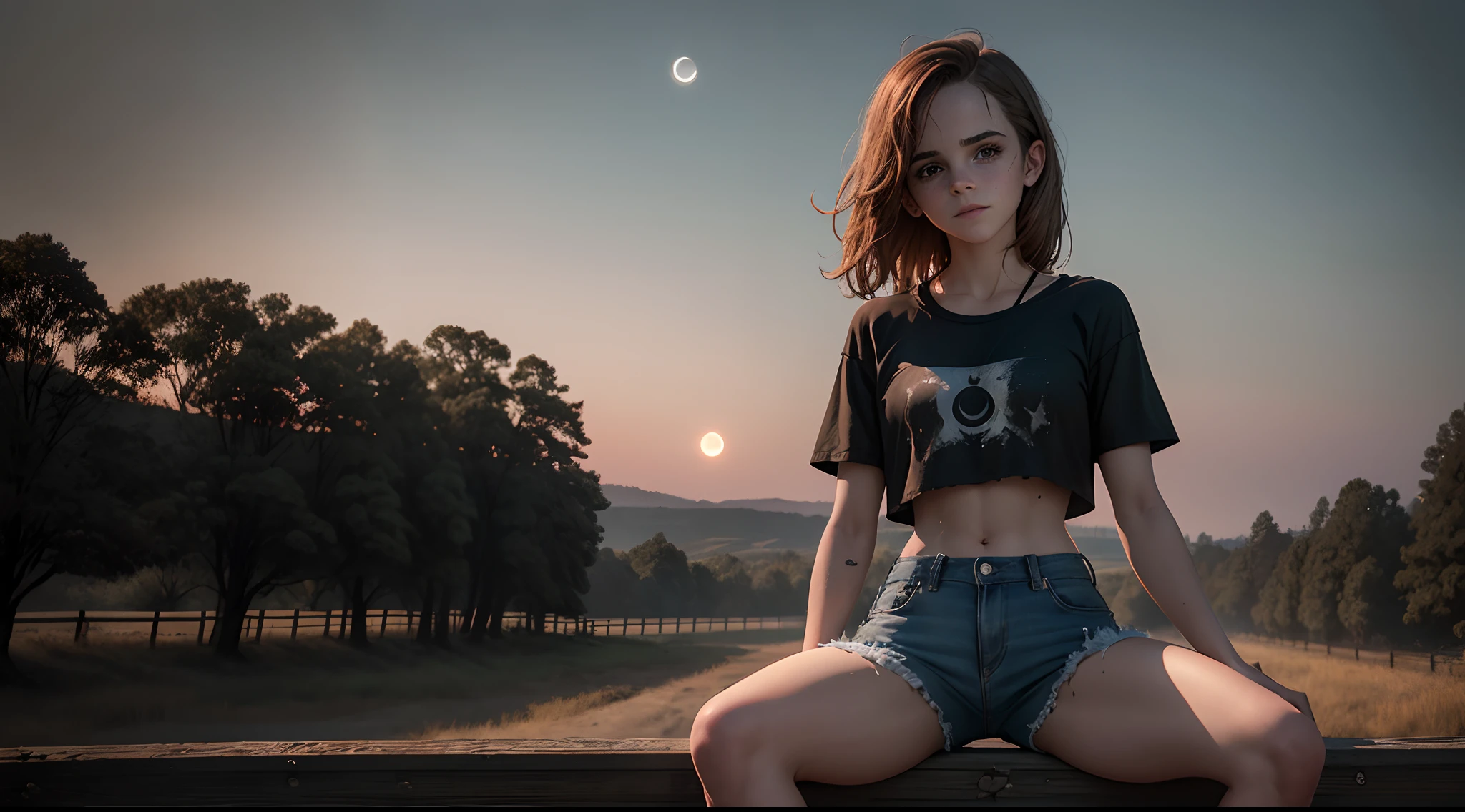 emma watson dressed as jason voorhees. tight work shorts, crop work shirt. sitting on a fence. gentle smile. her flesh, once vibrant and alive, now hangs in tattered shreds, exposing patches of decomposed muscle and bone beneath. background moon.
