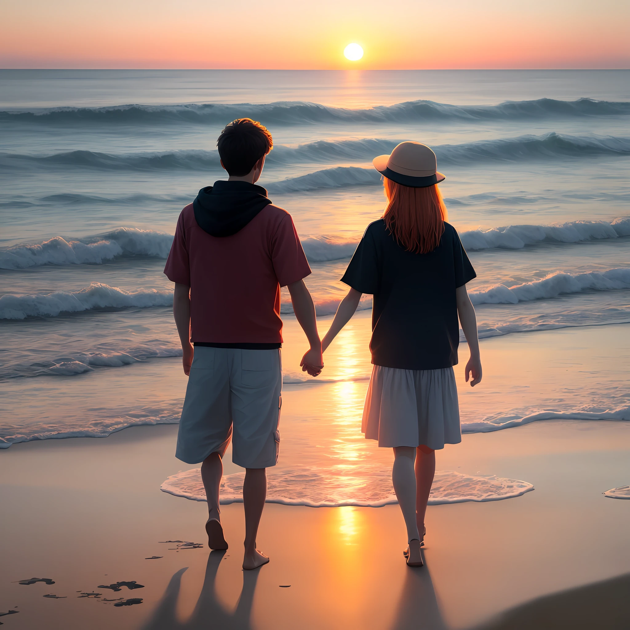 Sunset by the sea, two people walking on the beach, they hold hands, the girl has flowers in her hand, the boy looks down at her dotingly(Warm colors are required)