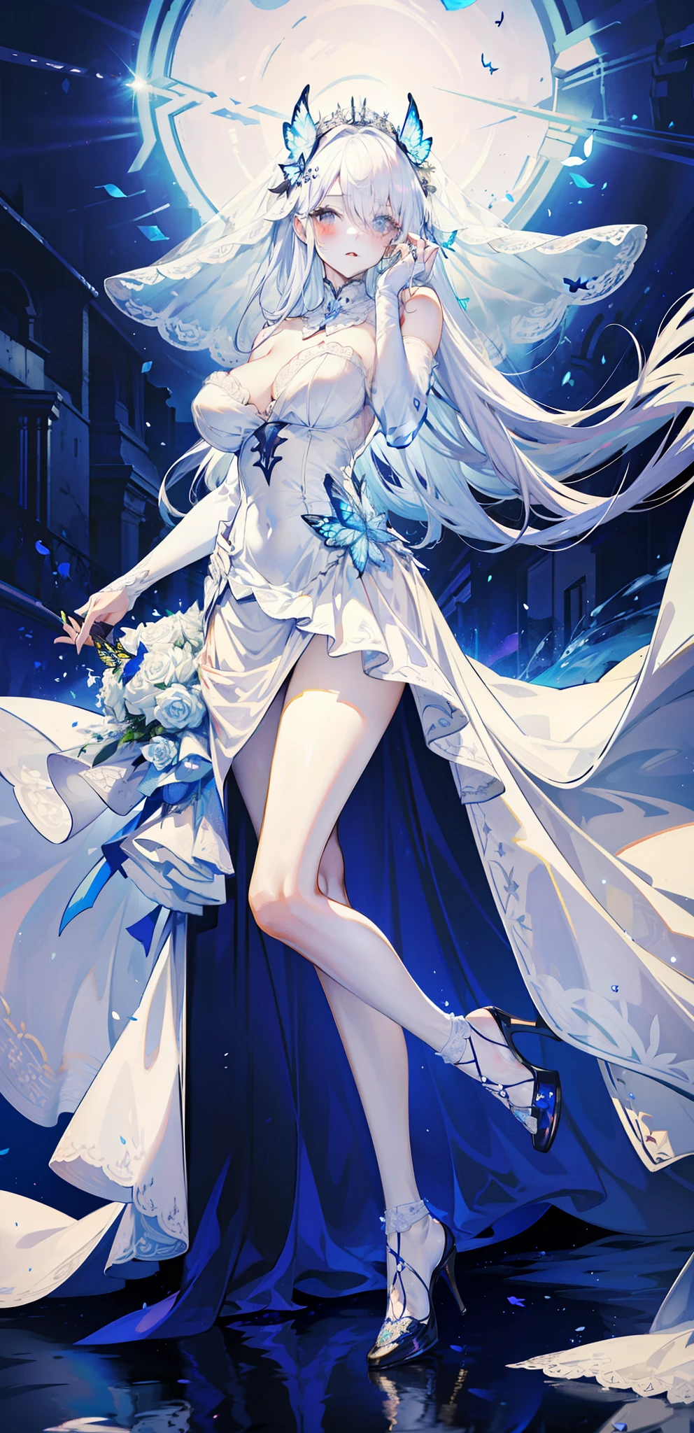 silber hair,butterflys,long whitr hair,white wedding gown,8k wallpaper,detailedbackground,Highest high resolution,deep v big breasts,Hair covers one eye,Bandeau wedding dress,chies,White rose,tight-fitting,