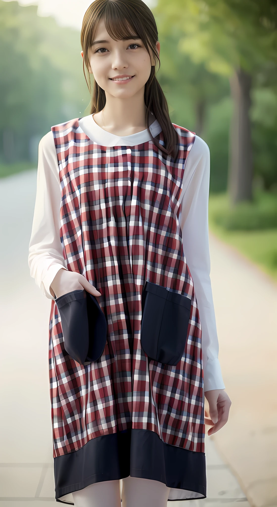 (8K, Raw photography, top-quality, masterpiece:1.2), Red plaid apron、brown_Eyes, brown_Haar、a park、simple background、s lips, length hair、long_sleeves, up looking_で_viewer, Navy blue long-sleeved shirt、shinny skin、Beautiful delicate face、Beautiful delicate eyes、(realisitic、Photo Real:1)、A smile