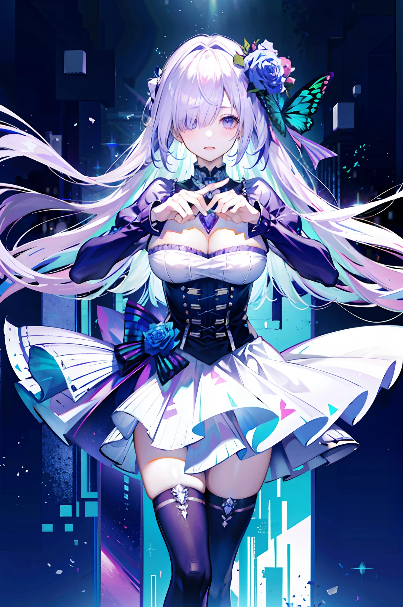 silber hair,butterflys,long whitr hair,8k wallpaper,detailedbackground,Highest high resolution,deep v big breasts,Hair covers one eye,Bandeau,chies,Purple roses,tight-fitting,High socks,stocklings