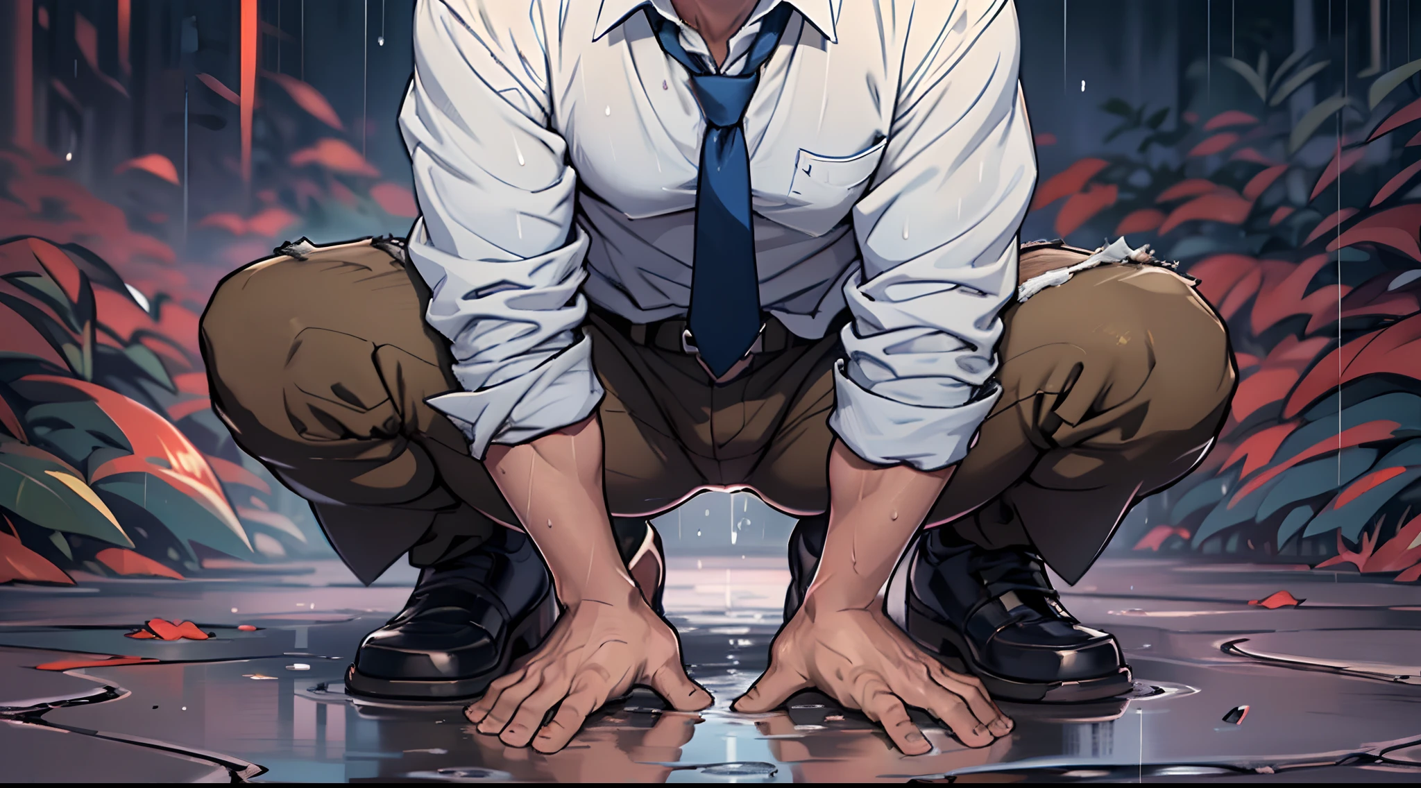 （1 Adult male），A high resolution， Sharp focus， Pixiv masterpiece， （（Complicated details））， highly  detailed， natsuki_subaru， 1 man，Defeat， crestfallen，full bodyesbian，kneels on the ground， Sweaty crotch，Pee on the legs，pissing，Urine runs down the thighs，embarressed，exhilarated，is shocked，panicking，worry，A small puddle of their own urine forms around the feet，Urine runs down the crotch，Drenched，rain，The shirt is soaked，（A gesture of pleading），blue color eyes（eyes glowing）， Short gray hair，white  shirt，Wear a tie，Wear a belt，perspire