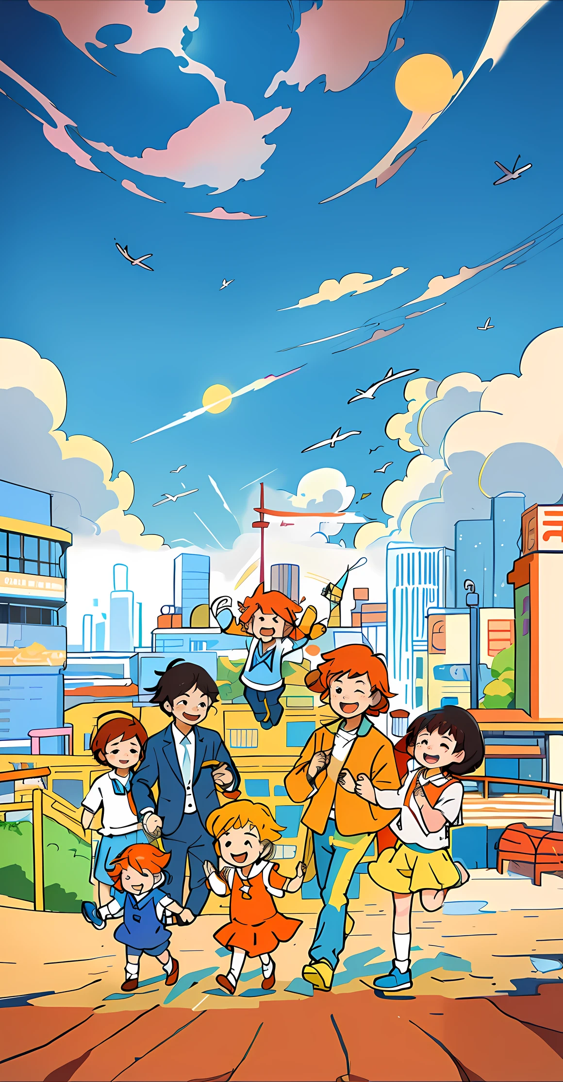 The scene of a cartoonish family walking on the pier,The background is a city,Adopt promotional art、offcial art、Anime covers, etc,Showing the style of Sankaku anime characters and official illustrations,Present the feeling of life fragments, anime and art propaganda,A fusion of Japanese cartoon style and Satoshi art style,The atmosphere that reflects the official artwork and the headquarters artwork,Add elements of spy and family at the same time,Based on the art style of the anime of the 80s。