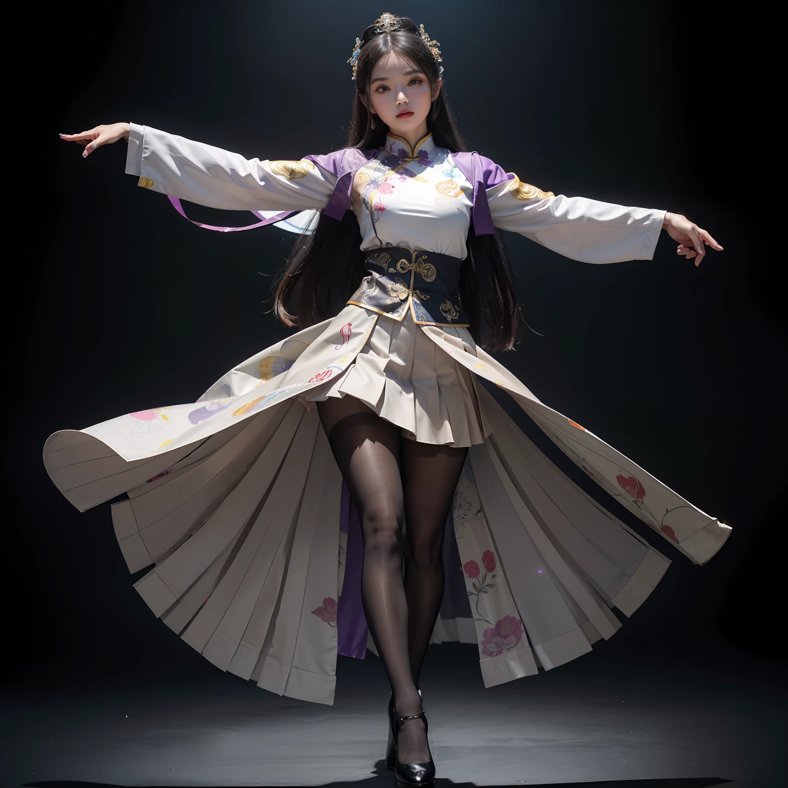 (full body:1.5)，(1girl:1.3),(view the viewer:1.4)，(anatomy correct:1.45),(Dancing on high mountain peaks:1.3),(very thick printed pantyhose:1.4),( Chinese woman Wear printed fantasy Chinese style JK student uniform pleated skirt and uniform pointed high-heeled leather shoes  :1.35), (Light particle effect:1.3),(In pink | amarelo | blue colors| green color |red color | white colors| black in color| purplish color| greys| Beige| Flesh color 1.4)，(Glowing eyes:1.3),(Large amplitude action: 1.3)，(Accurate and perfect face:1.4),hyper HD, Ray traching, reflective light，structurally correct, Award-Awarded, high detail, lighten shade contrast, Face lighting，cinmatic lighting, tmasterpiece, super detailing, high quality, high detail, best quality, 16k，High contrast,
