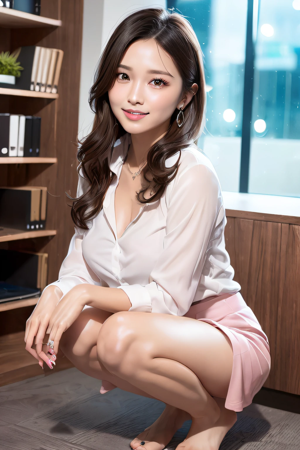 The best quality at its best, Realistically, Super detailed, More about pubic hair, High resolution, 8k wallpaper, One beautiful woman, Pink wet lips, Light brown messy hair, Medium Hair, Wear a purple office suit, White shirt, Short skirt, Lock focus, Perfect dynamic composition, Beautiful Eyes, Delicate Hair, Detailed Realistically skin texture, smile, Close-up portrait, Model Body Type, Hotel reception background, Blurred Background, (Full Body Shot), Shooting from a distance, ((Random Body Orientation)),