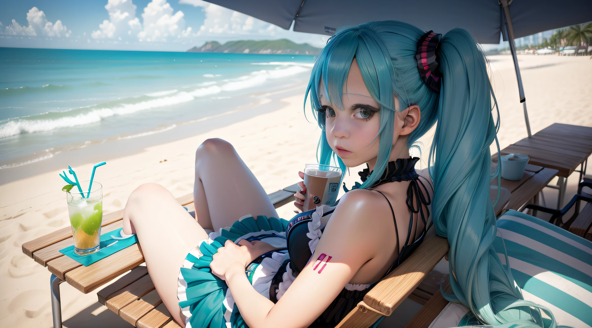 There was a woman sitting at the table，Holding drinks and umbrella, mikudayo, Hatsune Miku cosplay, Anime girl cosplay, ****, relaxing at the beach, anime moe art style, beautiful blue-haired girl, relaxing on the beach, Anime girl in real life,