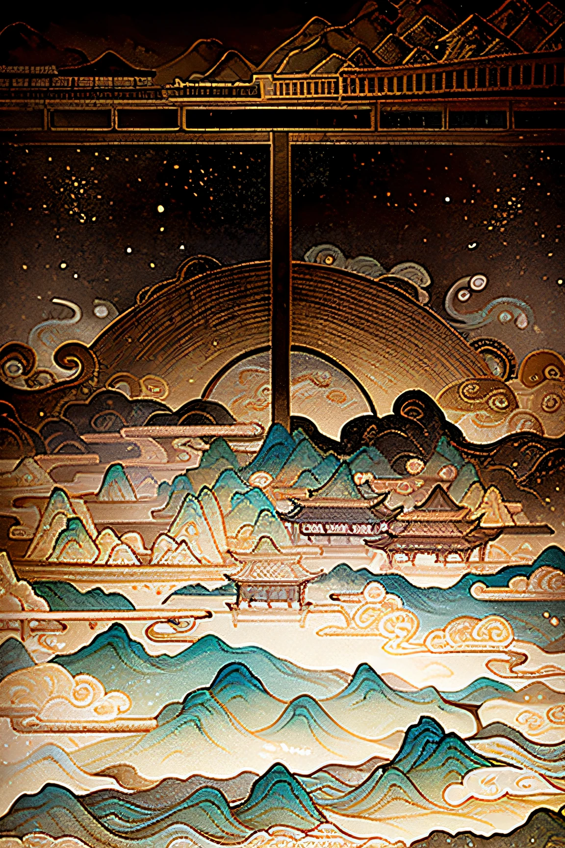 An ancient Chinese painting, ancient Chinese background, mountains, rivers, auspicious clouds, pavilions, sunshine, masterpieces, super detail, epic composition, ultra HD, high quality, extremely detailed, official art, unified 8k wallpaper, Super detail, 32k -- v 6