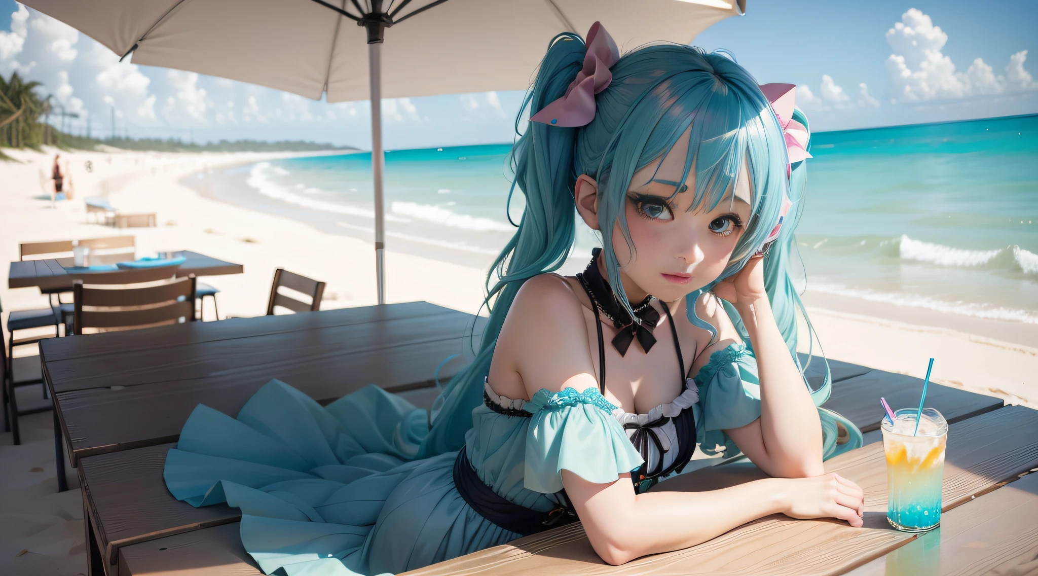 There was a woman sitting at the table，Holding drinks and umbrella, mikudayo, Hatsune Miku cosplay, Anime girl cosplay, Loli, relaxing at the beach, anime moe art style, beautiful blue-haired girl, relaxing on the beach, Anime girl in real life,