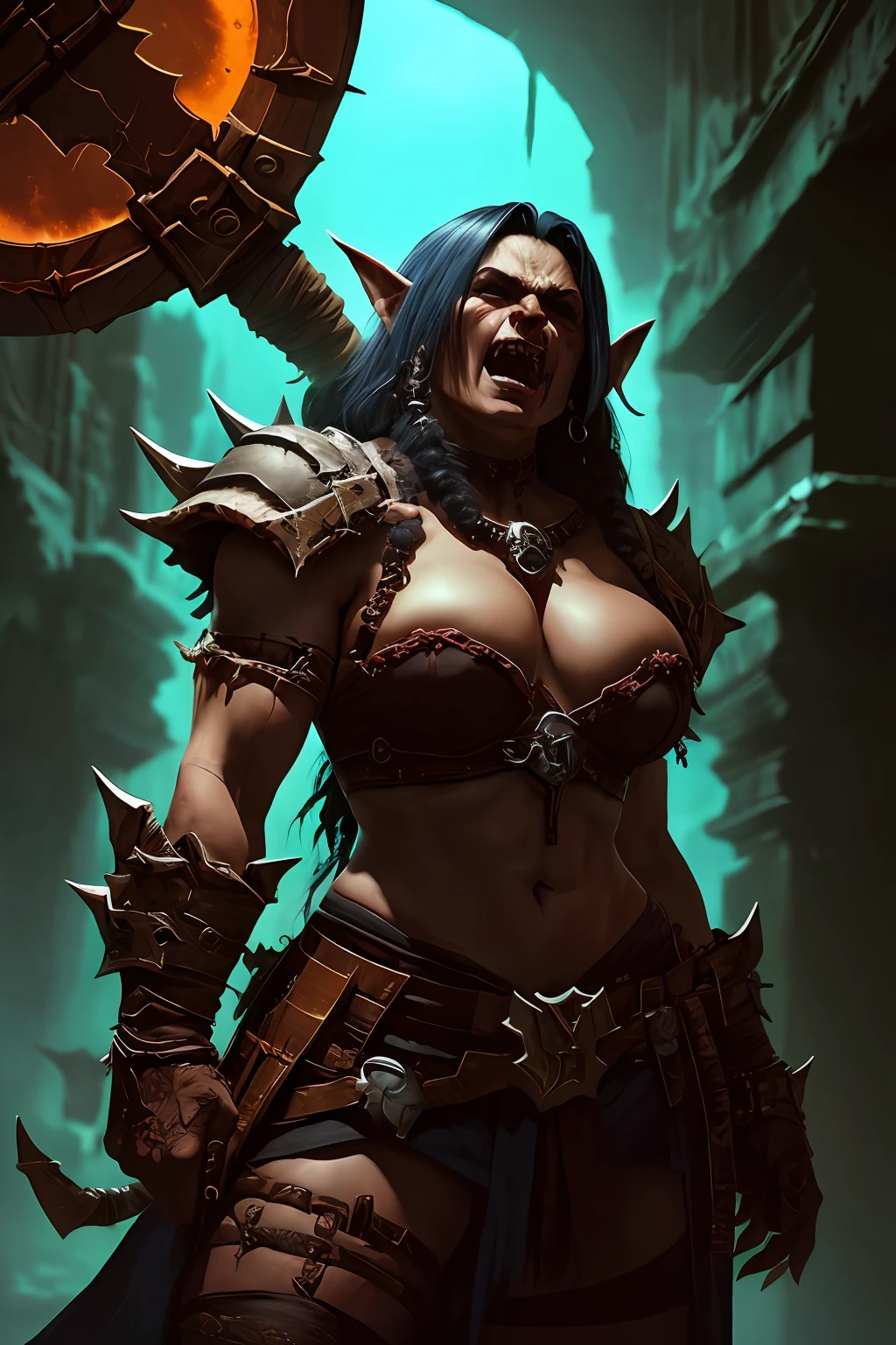 (papel de parede 8k extremamente detalhado), An average photo of a fearsome female Orc necromancer, intrincado, alto detalhe, Dramatic