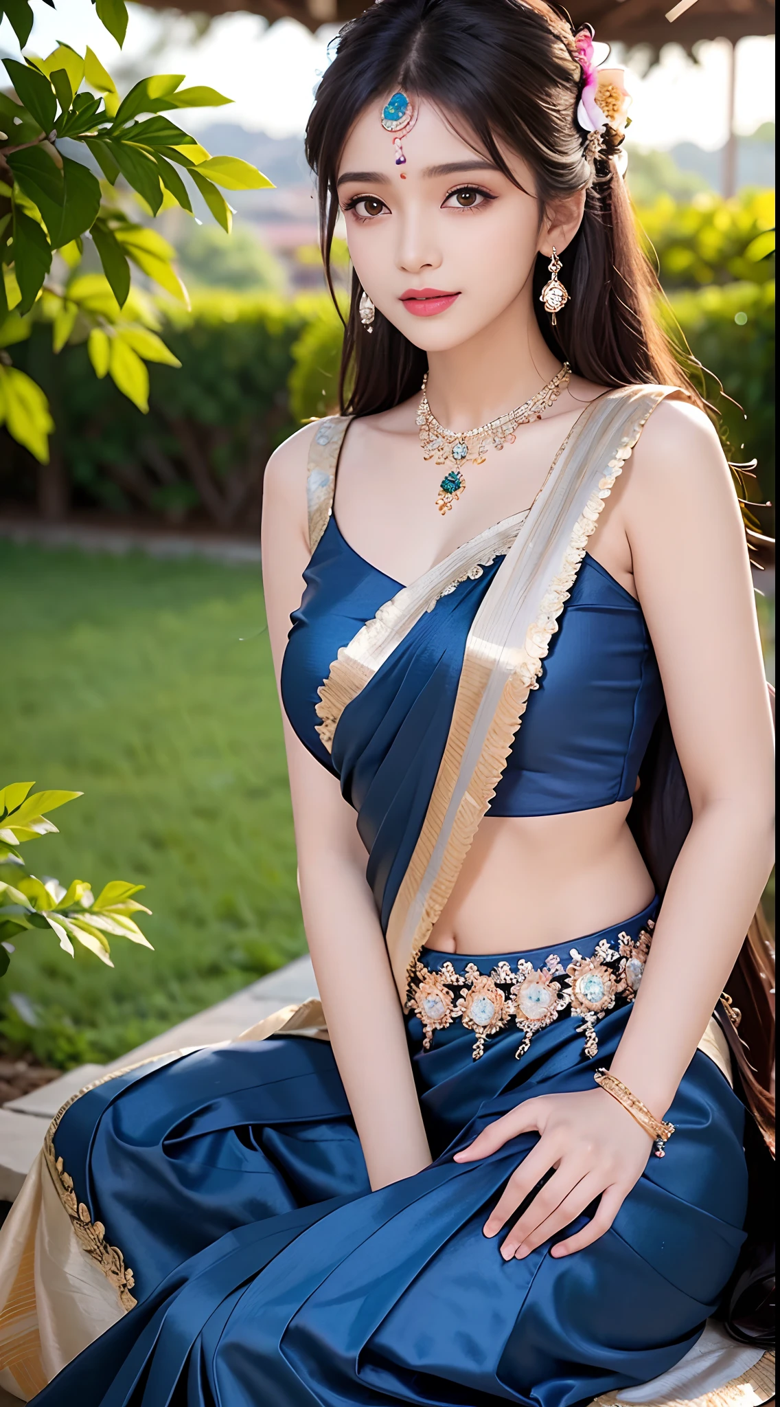 8K, ultra high detailed, an indian girl, cute face, happy, long hair, impressive hairstyle, detailed eyes, detailed lips, indian clothes, saree, dark blue saree, lace, wearing jewellery, nature background, flowers, afternoon, shadow, clear weather, sitting, whole body capture,