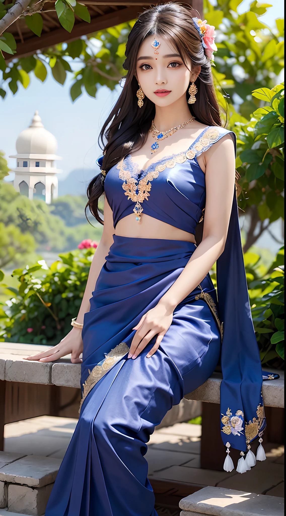 a woman in a sari posing for a picture, indian goddess, traditional beauty, indian, beautiful goddess, ornate cosplay, indian style, indian super model, beautiful maiden, gorgeous woman, south east asian with long, provocative indian, gorgeous beautiful woman, intricate outfit, hindu aesthetic, beautiful
