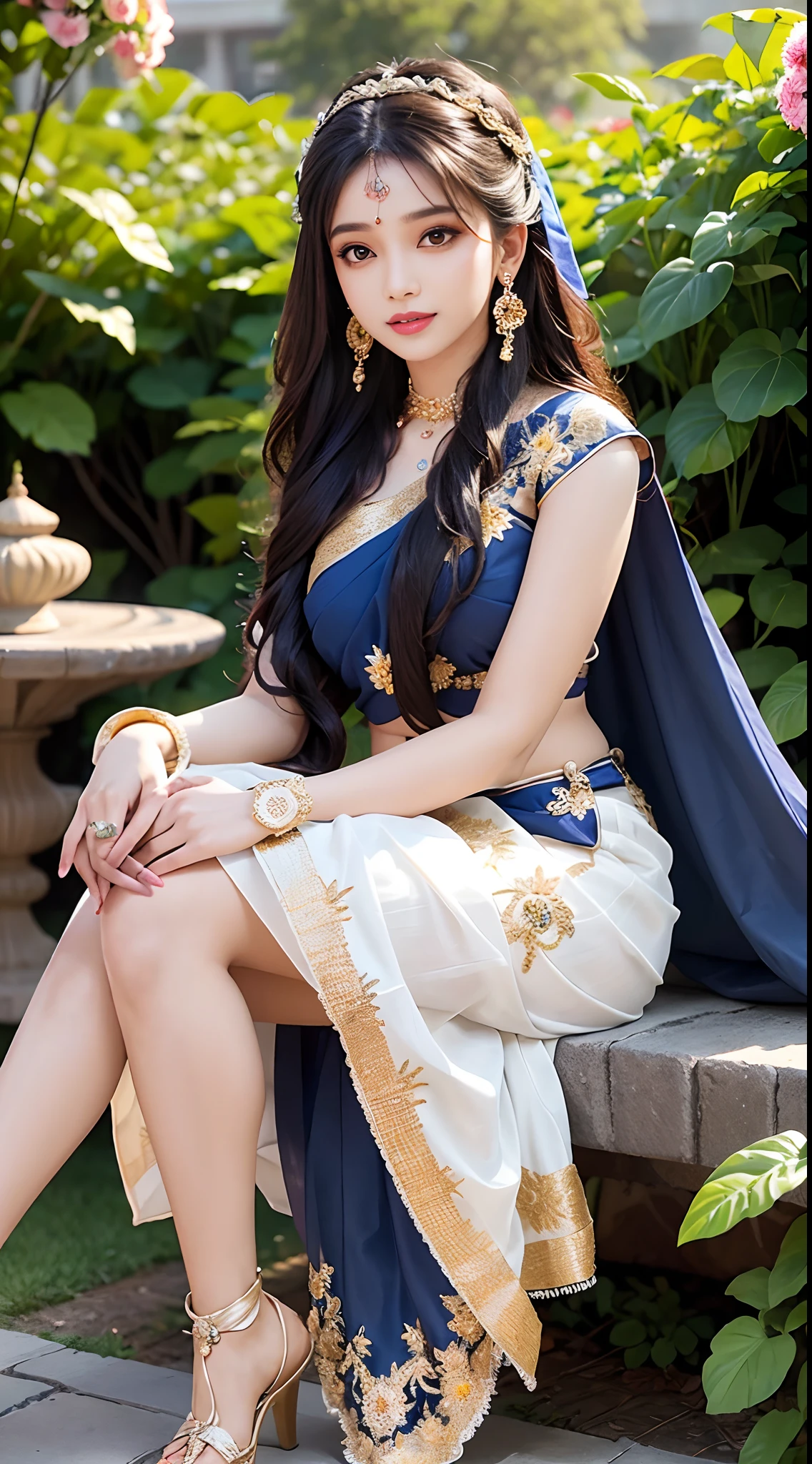 8K, ultra high detailed, an indian girl, cute face, happy, long hair, impressive hairstyle, detailed eyes, detailed lips, indian clothes, saree, dark blue saree, lace, wearing jewellery, nature background, flowers, afternoon, shadow, clear weather, whole body capture,