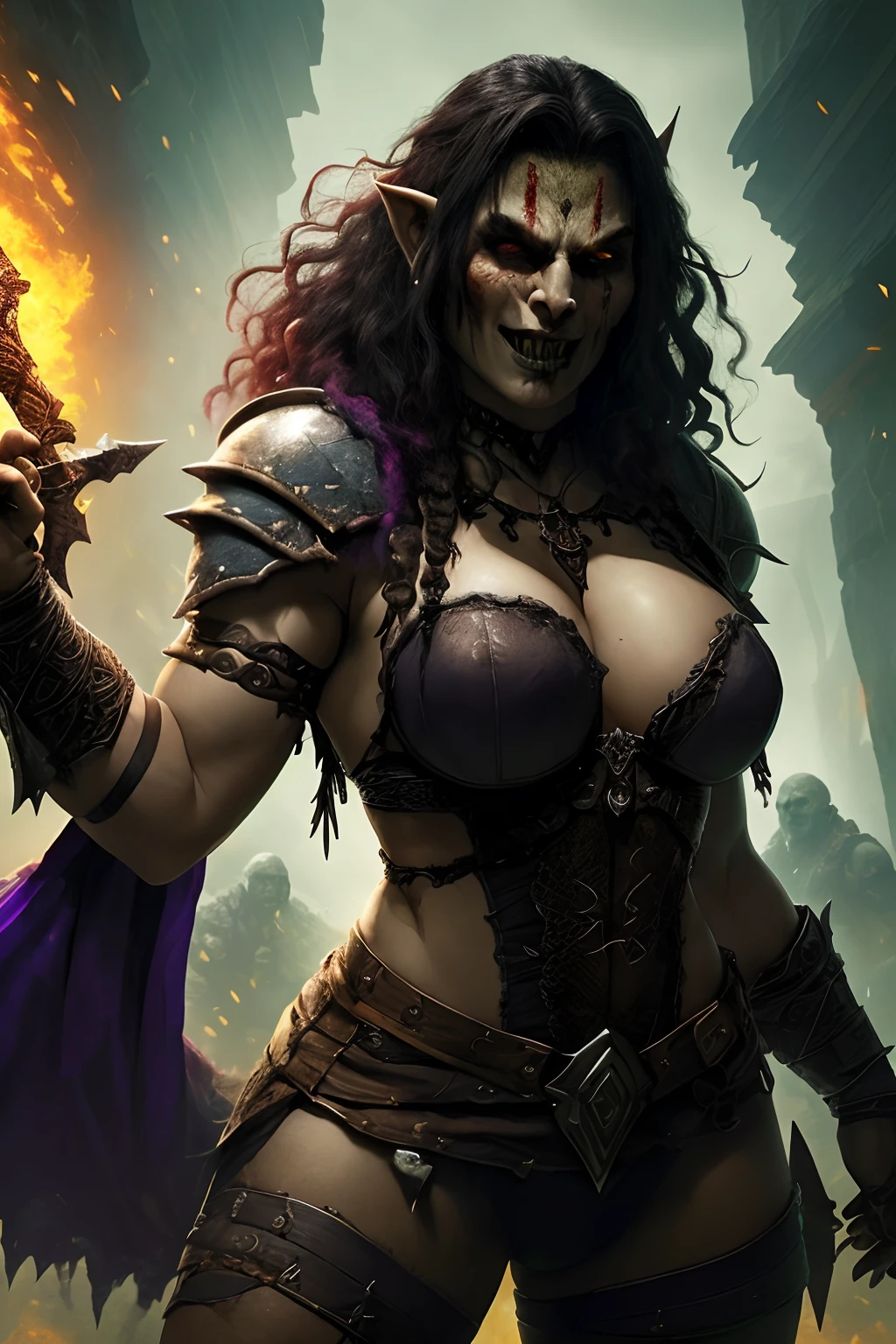 (papel de parede 8k extremamente detalhado), An average photo of a fearsome beautiful female Orc necromancer, intrincado, alto detalhe, Dramatic