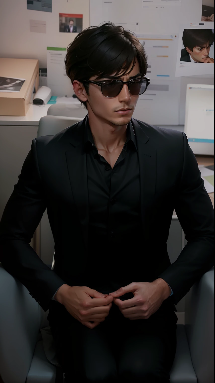 Change this image to a handsome boy wearing a three piece official suit and sitting in office, realistic