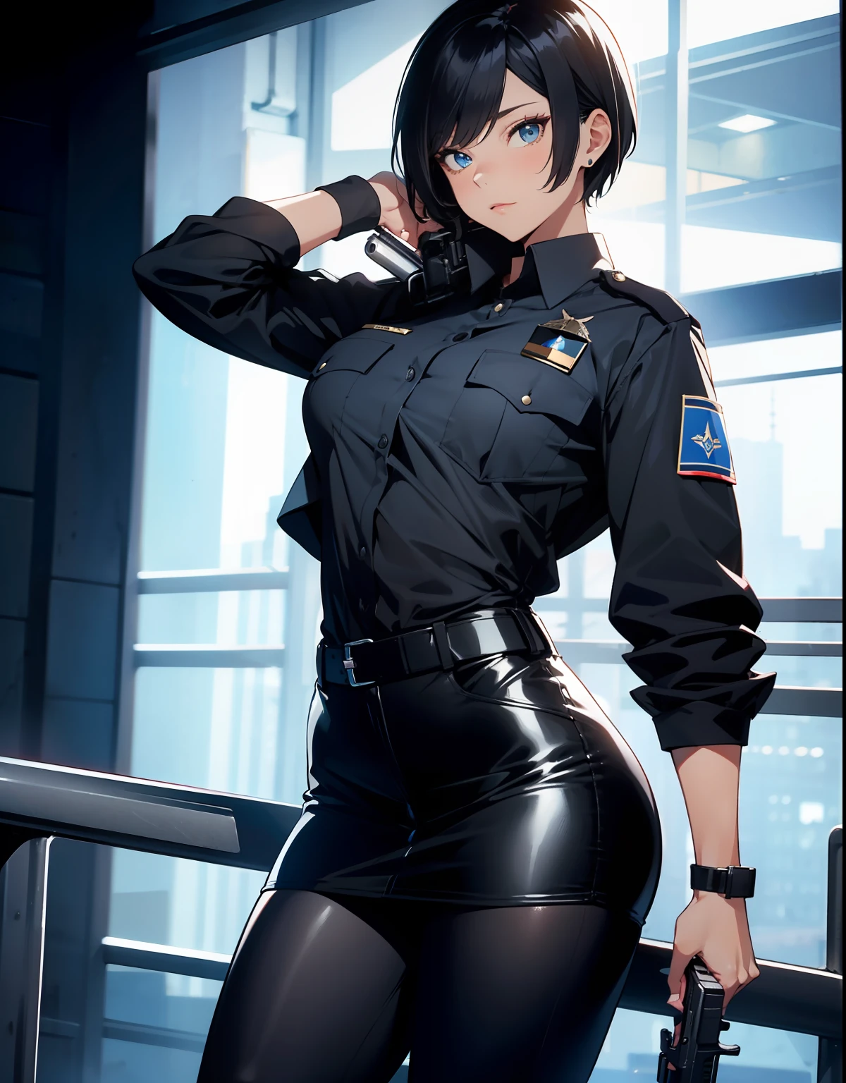 Policewoman，Policewoman，A beautiful full body girl，with fair skin，with short black hair，26 year old，Perfect body with muscularity，short  skirt，Black thin leggings，Super sexy scene，facial closeups