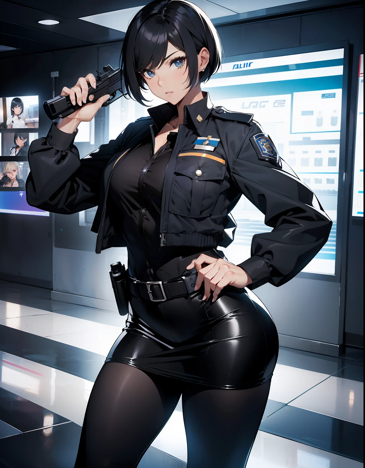 (highest resolution, distinct_image), best quality, masterpiece, highly detailed, semi-realistic, woman with short black hair, mature woman, triple bangs, black uniform, black specific skirt, knee socks, military uniform, beautiful woman, spaceship space, office, commander, standing at full height, size 3 breasts, large pelvis and hips, sexualized officer's stance, sexy welcome look at the camera, ((young female)),  the side of the skirt exposes her hips and waist, the best ratio of four fingers to one thumb, blush, beautiful eyes, sexualized shape,