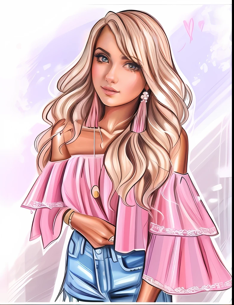 um desenho de uma mulher com longos cabelos loiros usando um top rosa, Cartoon style illustration, in illustration style digital, trending on artstration, Estilo de desenho bonito, arte dos desenhos animados, detailed fashion illustration, No estilo de arte de Bowater, menina cor-de-rosa, arte digital dos desenhos animados, pintura realista da menina bonito, estilo de arte dos desenhos animados, arte digital. @mariomaniacdude