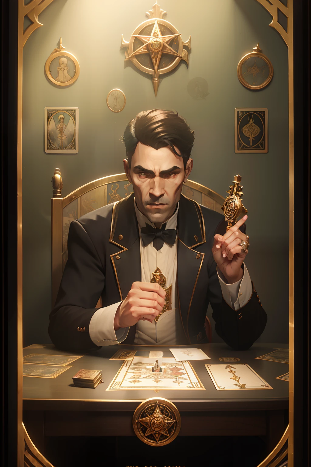 a sorceress, Photo of a man pointing to the sky with a wand and tarot cards, numeric value１, Mobius Ring, The index finger of the left hand pointing to the ground, the magician tarot card, Pentacle on the desk, Sword on the desk, The Holy Grail on the Desk, Cane on desk, White lilies and red roses at the feet, old-fashioned tarot card, rider-waite tarot, Tarot Cards, as a tarot card