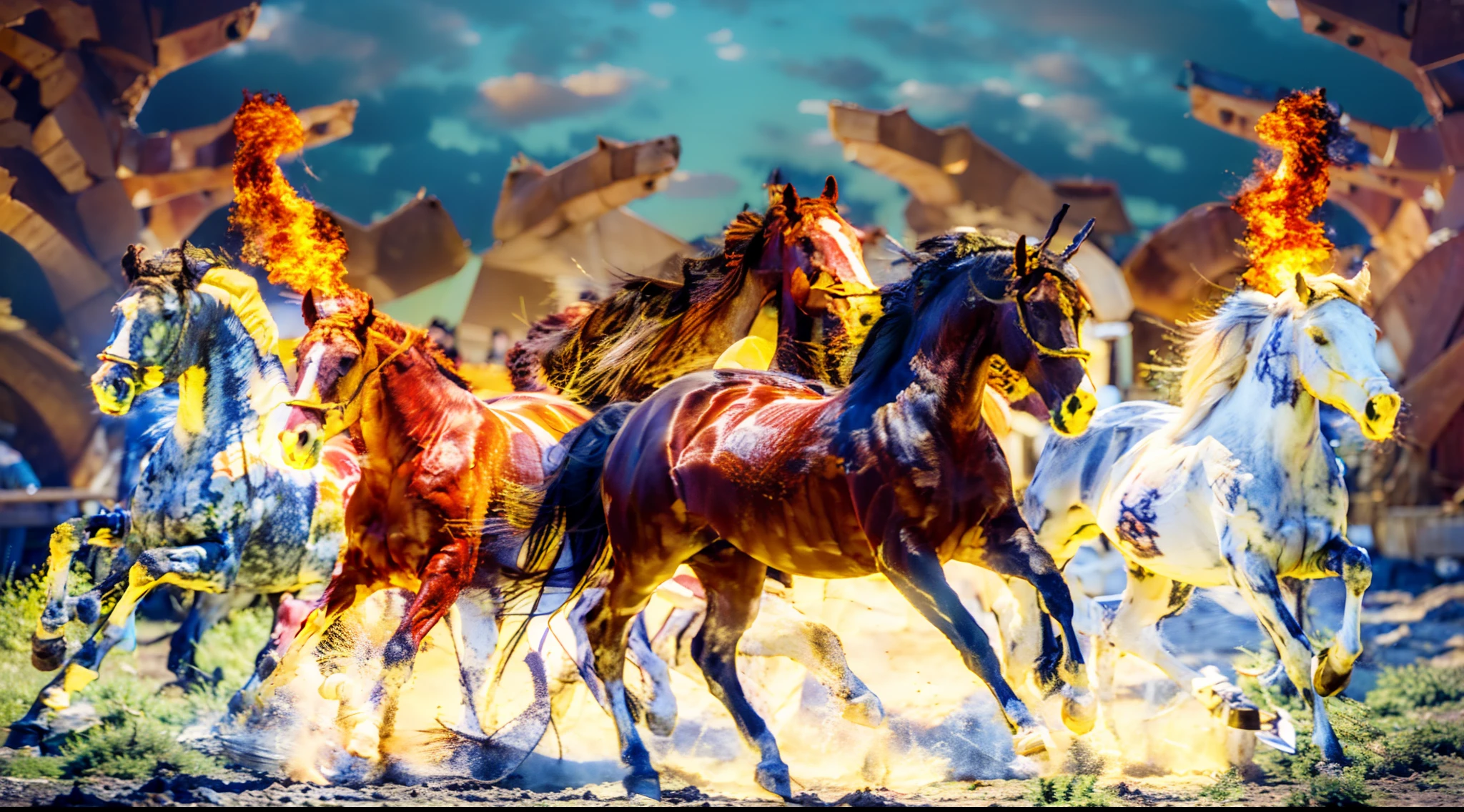 8horses,Ultra-grand scenes,super wide shot,1#cavalos,The first is the Light Casting Pegasus from the Supreme Heaven, which has a rainbow aperture from the Supreme Heaven,She rides between light and pure,No additional ornaments are needed to highlight her dignity and holiness,Even the sky showed her a clear sky,She has a deep enmity with the nightmare heavy ride from hell,The two never put their heads next to each other。2#cavalos,Surrounded by sulphurous flames, the Hellmare Heavy Ride makes every time a horse's hooves fall, stepping flat grass out of the lava from the ground。3#cavalos,The wind wings of the wind elf horse let its position be erratic,She carries a cyan aperture lightly and always can't help but tease the mechanical horse。4#cavalos,The mechanical horse is full of mecha beauty,The shoulder back position always reveals delicate mechanical fittings,Four kicks with a hydraulic pump and electromagnetic ejection device。5#cavalos,Unicorns want to steal all the horses' limelight with their pure and flawless beauty,Her unicorn flashed with the power of thunder。6#cavalos,Fairy Ryoma is compared to a unicorn,The fairy dragon is full of small stars shining with magical brilliance。7#cavalos,The female knight is charging on her knightly warhorse,Her lofty ideals made her will unstoppable,There is no doubt that she is the protagonist of this picture。8#cavalos,Chaotic horses from unknown territory,She blends in and has a weird style and chaotic colors that are almost unimaginable,Her presence makes the whole picture extremely dangerously uncertain,The slightest mistake can confuse the colors around it。Eight extremely special and rare horses surround each other,A large herd of horses galloped ahead,Gallop across the steppe like a clock。The vast plains of the epic scene are rich in aquatic plants,In the distance is the snow-capped summit of Mount Everest,Snow creek flows into the sea,At the other end is the magnificent giant city,The horse team entered and exited from t