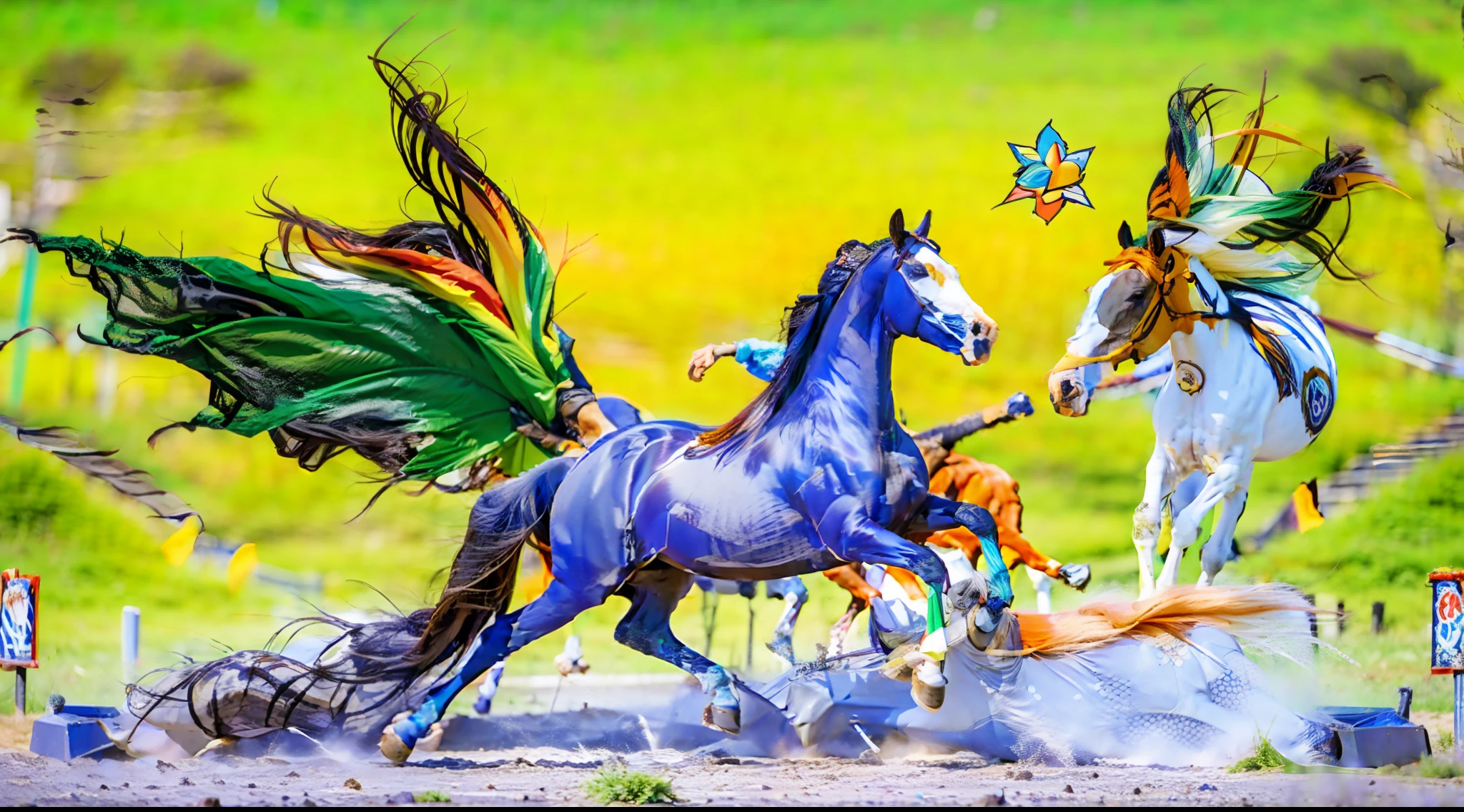 8horses,Ultra-grand scenes,super wide shot,1#cavalos,The first is the Light Casting Pegasus from the Supreme Heaven, which has a rainbow aperture from the Supreme Heaven,She rides between light and pure,No additional ornaments are needed to highlight her dignity and holiness,Even the sky showed her a clear sky,She has a deep enmity with the nightmare heavy ride from hell,The two never put their heads next to each other。2#cavalos,Surrounded by sulphurous flames, the Hellmare Heavy Ride makes every time a horse's hooves fall, stepping flat grass out of the lava from the ground。3#cavalos,The wind wings of the wind elf horse let its position be erratic,She carries a cyan aperture lightly and always can't help but tease the mechanical horse。4#cavalos,The mechanical horse is full of mecha beauty,The shoulder back position always reveals delicate mechanical fittings,Four kicks with a hydraulic pump and electromagnetic ejection device。5#cavalos,Unicorns want to steal all the horses' limelight with their pure and flawless beauty,Her unicorn flashed with the power of thunder。6#cavalos,Fairy Ryoma is compared to a unicorn,The fairy dragon is full of small stars shining with magical brilliance。7#cavalos,The female knight is charging on her knightly warhorse,Her lofty ideals made her will unstoppable,There is no doubt that she is the protagonist of this picture。8#cavalos,Chaotic horses from unknown territory,She blends in and has a weird style and chaotic colors that are almost unimaginable,Her presence makes the whole picture extremely dangerously uncertain,The slightest mistake can confuse the colors around it。Eight extremely special and rare horses surround each other,A large herd of horses galloped ahead,Gallop across the steppe like a clock。The vast plains of the epic scene are rich in aquatic plants,In the distance is the snow-capped summit of Mount Everest,Snow creek flows into the sea,At the other end is the magnificent giant city,The horse team entered and exited from t