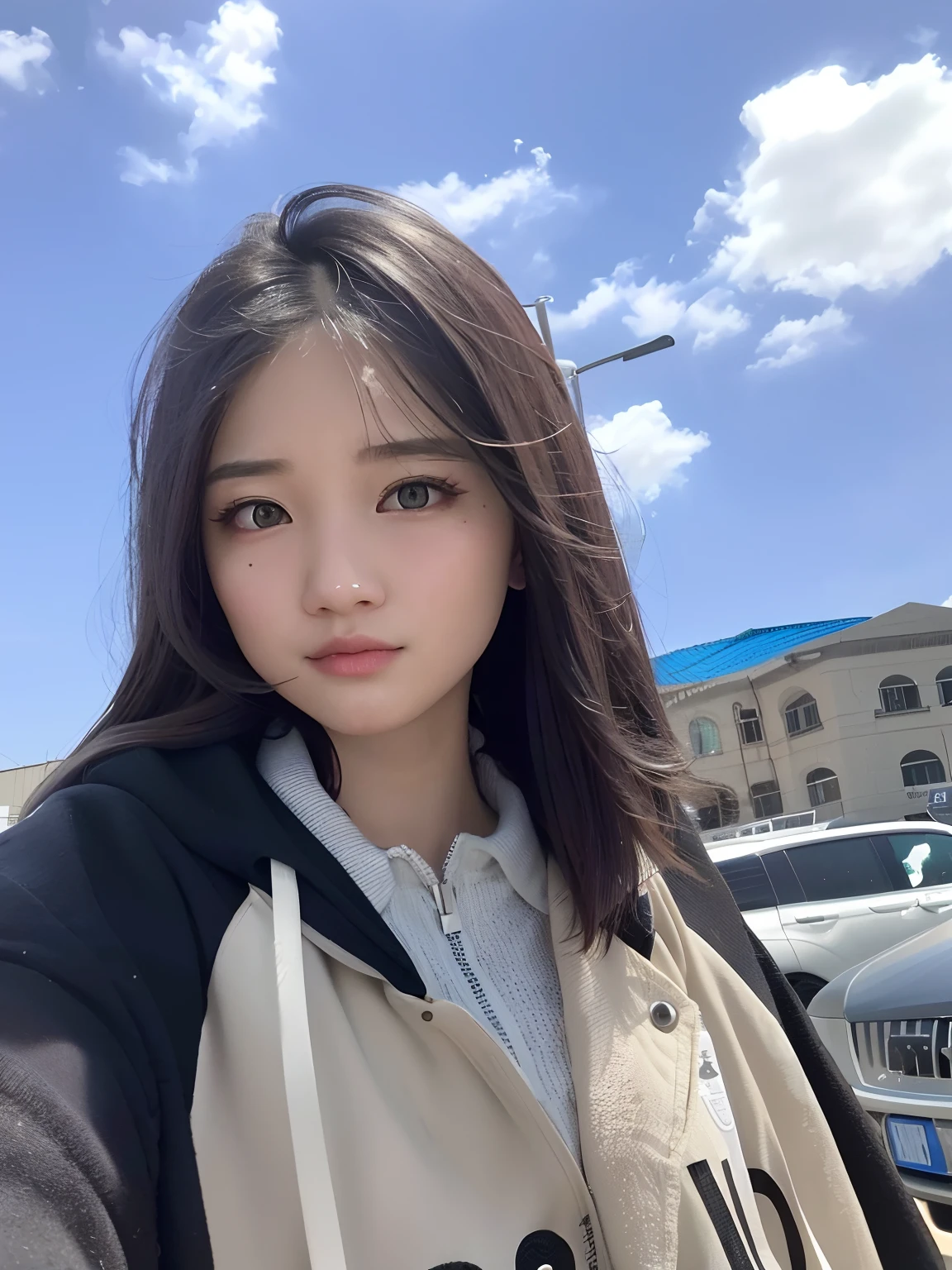 Close-up of a woman with long hair standing in front of a building, xintong chen, young cute wan asian face, tzuyu from twice, wenfei ye, 19-year-old girl, zmonzheng, ulzzangs, with round face, wan adorable korean face, gongbi, Shin Jinying, jaeyeon nam