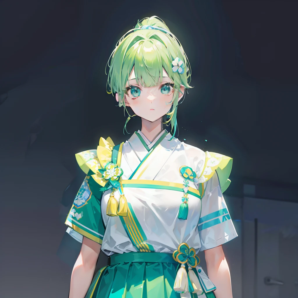 Clear green fluorescent short hair,Has a short double ponytail,The ponytail is tied with a soft yellow strap,Wearing a white uniform for Japanese high school girls,It has cyan floral ornaments and yellow patterns,Exceptionally beautiful,She is a milky and cute beautiful girl