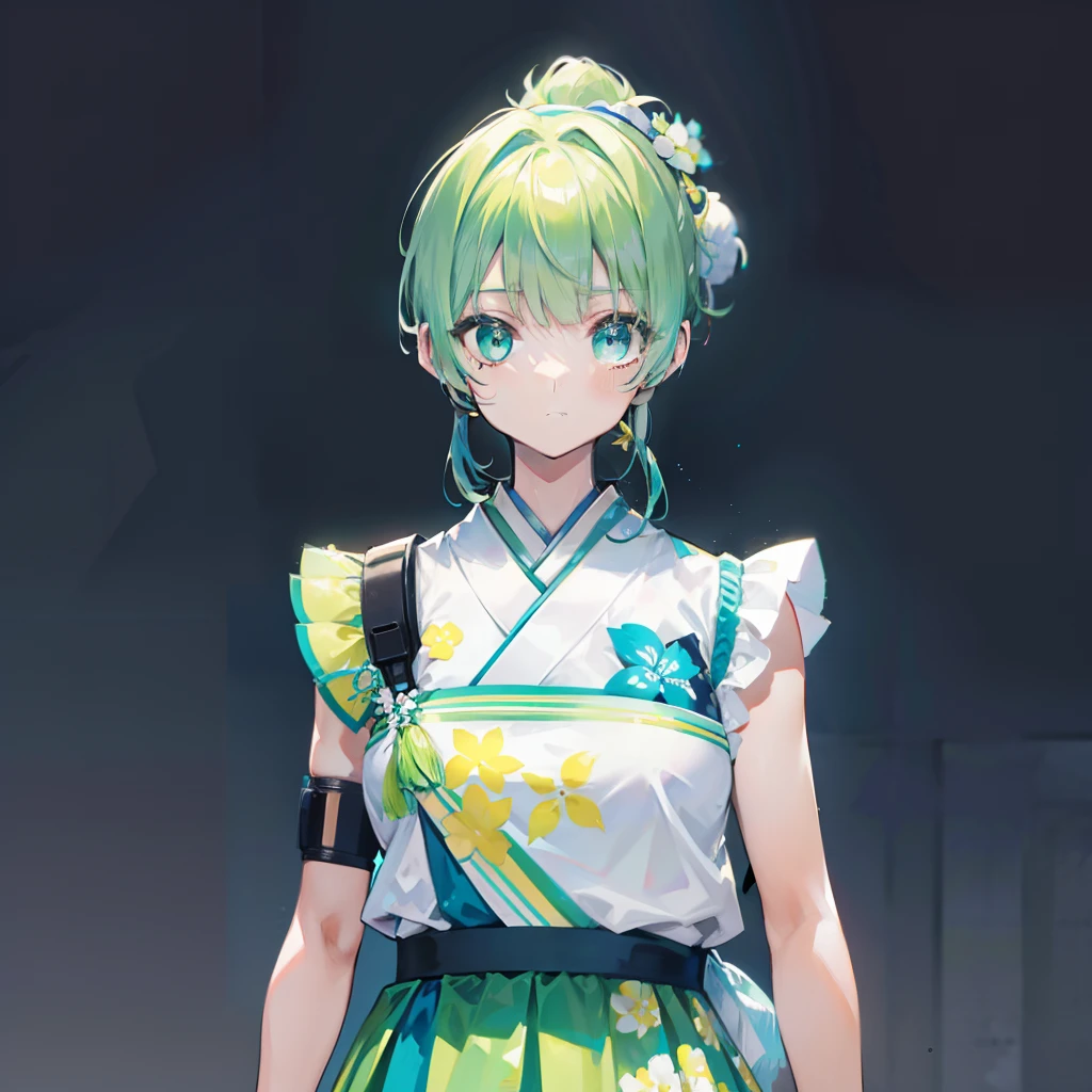 Clear green fluorescent short hair,Has a short double ponytail,The ponytail is tied with a soft yellow strap,Wearing a white uniform for Japanese high school girls,It has cyan floral ornaments and yellow patterns,Exceptionally beautiful,She is a milky and cute beautiful girl