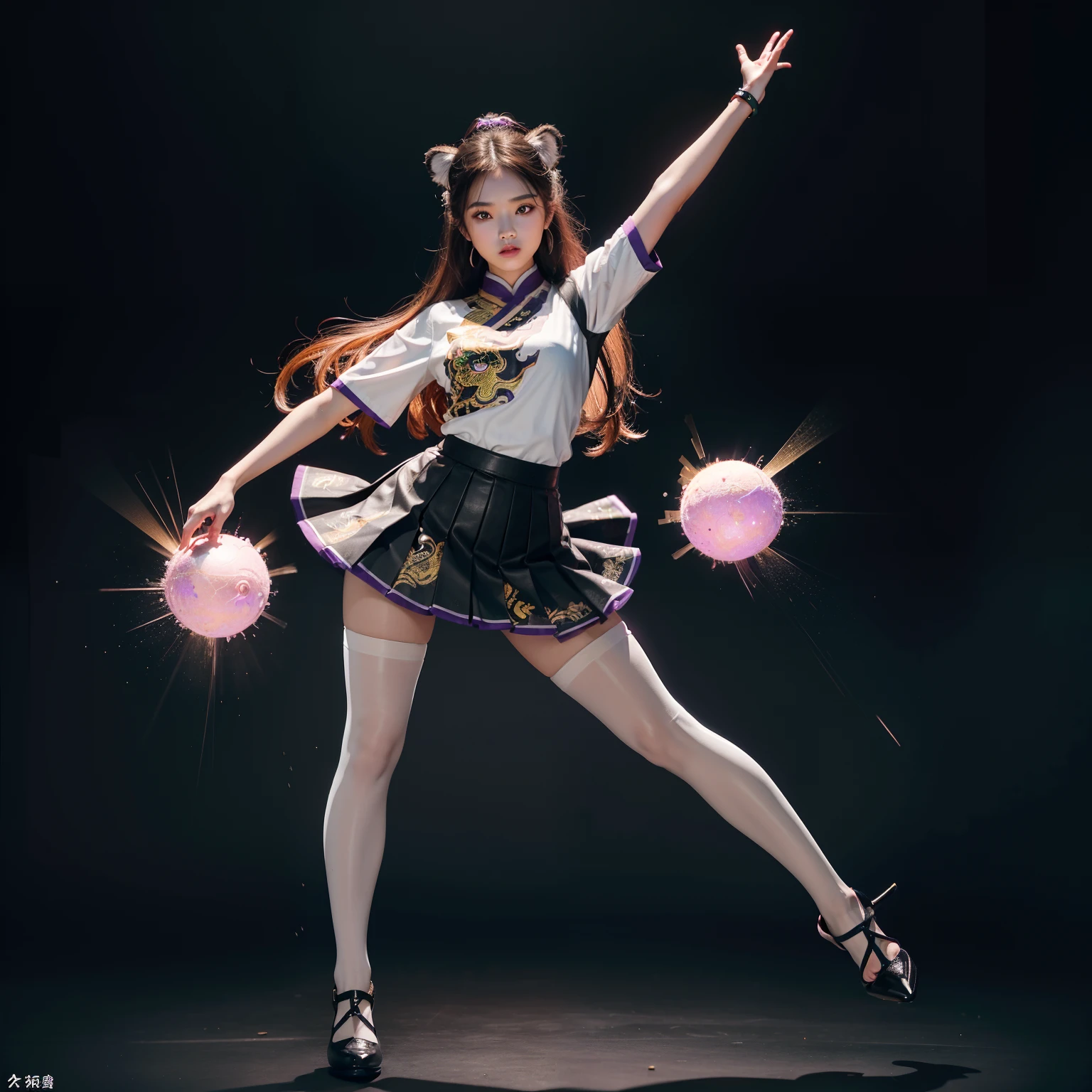 (full body:1.5),(1girl:1.3),(view the viewer:1.4),(anatomy correct:1.45),(Dancing on high mountain peaks:1.3),(very thick printed pantyhose:1.4),( Chinese woman Wear printed fantasy tiger style JK student uniform pleated skirt and uniform pointed high-heeled leather shoes :1.35), (Light particle effect:1.3),(In pink | amarelo | blue colors| green color |red color | white colors| black in color| purplish color| greys| Beige| Flesh color 1.4),(Glowing eyes:1.3),(Large amplitude action: 1.3),(Accurate and perfect face:1.4),hyper HD, Ray traching, reflective light,structurally correct, Award-Awarded, high detail, lighten shade contrast, Face lighting,cinmatic lighting, tmasterpiece, super detailing, high quality, high detail, best quality, 16k,High contrast,