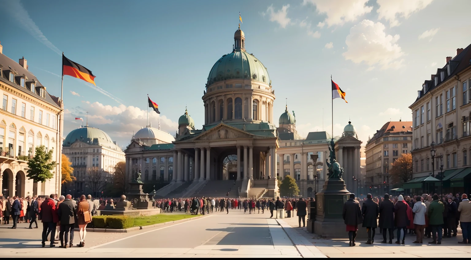 (Cinematic quality)，(Beautiful wallpapers)，Future Empire，Capital of the Empire，Huge modern domed congress，The flag is raised，Bustling city，(Greater German Empire)，Crowded square in front of the National Assembly，(Greater Germania)