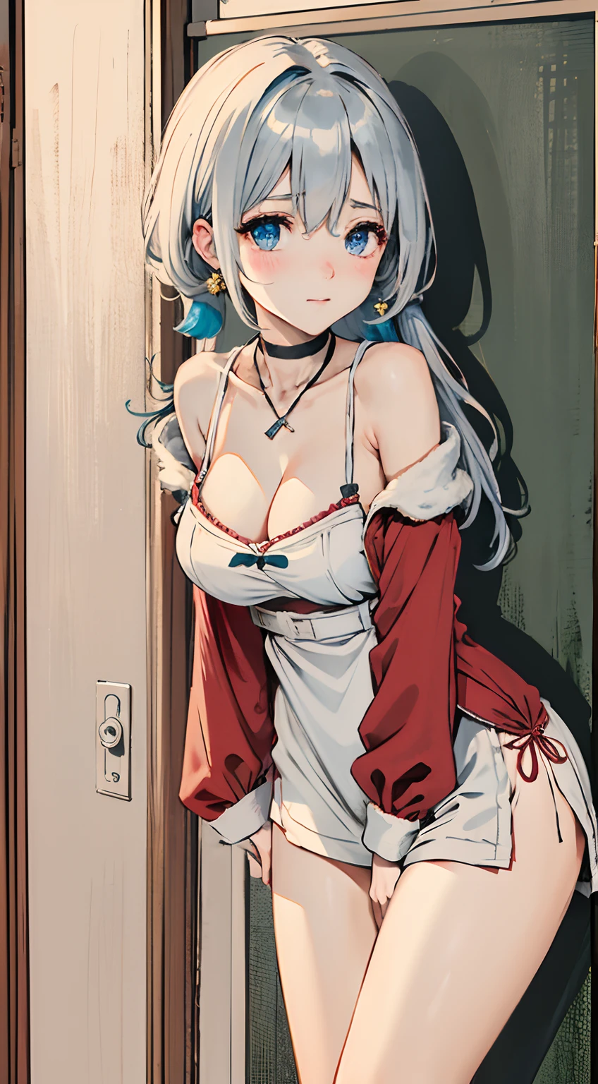 absurderes, 1girll, Be red in the face, (Realistis:1.5), (tmasterpiece, the Extremely Detailed CG Unity 8K Wallpapers, best qualtiy, A high resolution:1.2), (Supergianthugebreasts_Detailed, hyper HD:1.2), lighting perfect, distinctive, (1girll:1.4), looking at viewert, unreal-engine, Sideslit, s the perfect face, 详细的脸, Perfect body, beautidful eyes, Nice face, (Bright Skin:1.4), idoly, ulzang-6500-v1.1,,((gigantic cleavage breasts )),(a narrow waist),(blond hairbl,dual horsetail),((in a school)),(choker necklace),((Santa Claus costume)),The shoulder straps slip off(obi strip),((at class room,Stand in front of the blackboard,Jumps)),ssmile,Image quality is yellowish,Pubic hair shows through,upper legs,upper legs,upper legs(full bodyesbian:1.4),By bangs,(eye glass)),sharp sharp eyes,Peck the corners of the mouth,silver earring,