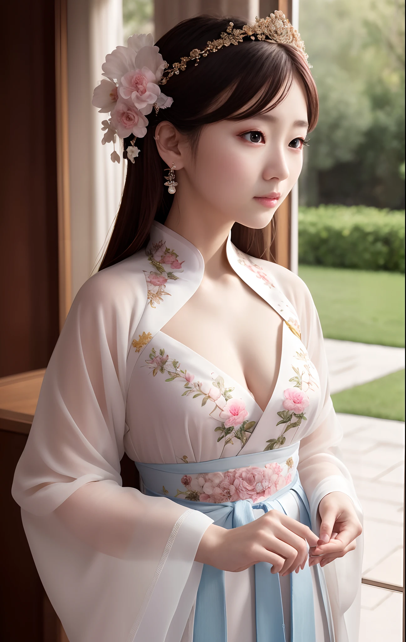 Best quality, masterpiece, illustration, very delicate and beautiful, highly detailed, CG, unification, 8k wallpaper, amazing, elaborate detail, masterpiece, best quality, official art, highly detailed CG unity 8k wallpaper, ridiculous, incredibly ridiculous, huge file size, super detailed, high resolution, very detailed, beautiful detailed girl, very detailed eyes and face, beautiful detailed eyes, face light , (Hanfu:1.1), 1 girl
