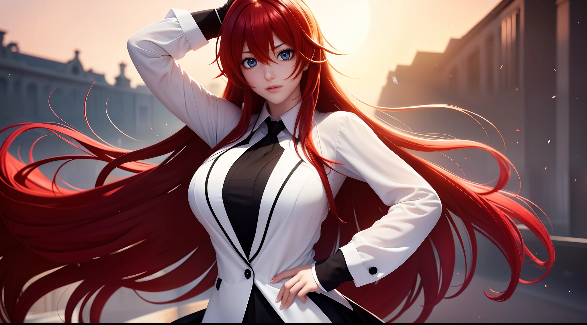 focused upper body, 1 girl, rias gremory, white shirt, black skirt, big breast bust, sparkling red eyes, (((school background))), Colorful beautiful girl: red hair, nice perfect face with soft skinice perfect face, intricate detail, splash screen, 8k resolution, masterpiece, artstation digital painting smooth, 8k resolution photorealistic masterpiece, professional photography, natural lighting, volumetric lighting maximalist photoillustration: by marton bobzert