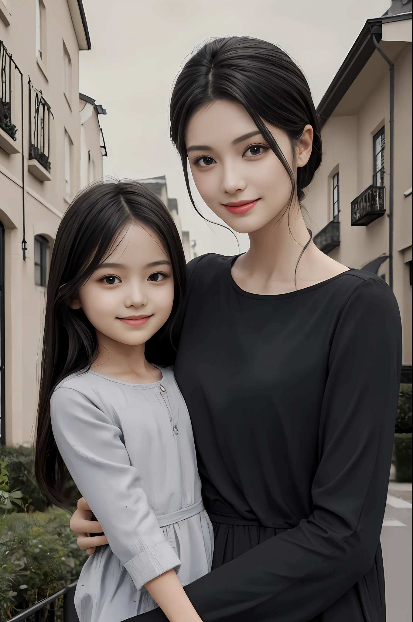 (super model,s the perfect face,hyper realisitc:1.2),Photorealsitic,highly detailed,illustratio,detailed back ground,Light smile,cheerfulness,8K,best qualtiy,tmasterpiece,highest quality,(s the perfect face),(high detal),dynamicposes,oilly skin,paleskin,looking at viewert,Straight black hair at shoulder length,Slim and thin,The tall mother holds her diminutive son in her arms,The two took a group photo,The mother is 24 years old,The son is 6 years old