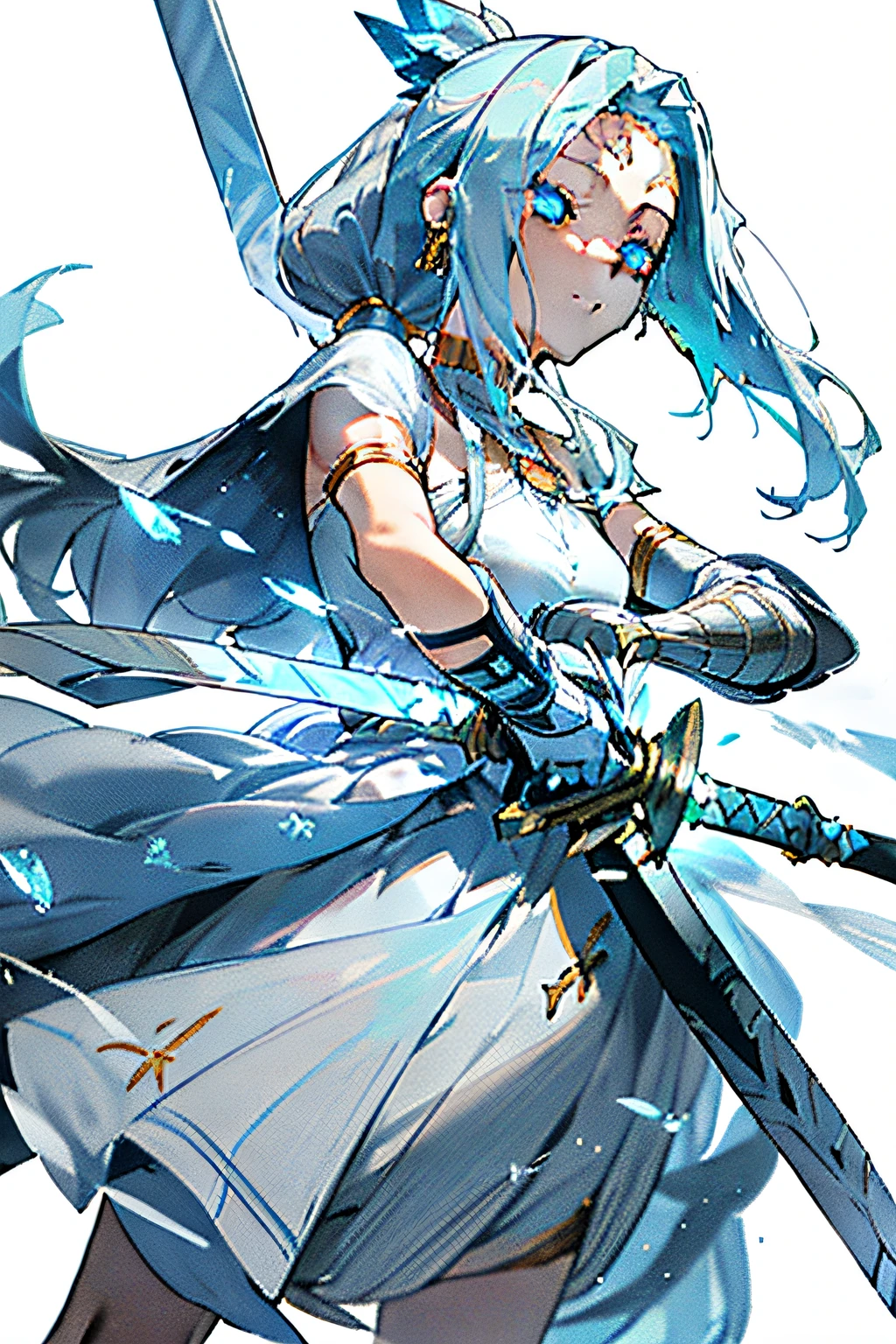 Delicate and complete women's single ponytail,whaite hair,blue color eyes,ssmile,White dress,Silver armor,Gorgeous cuirass,ellegance,Holding a gorgeous ice-blue sword hilt in both hands is golden,Decorated with sapphires,The sword body has a crystal texture,straight,A fierce long sword,High Picture Quality,Background blank