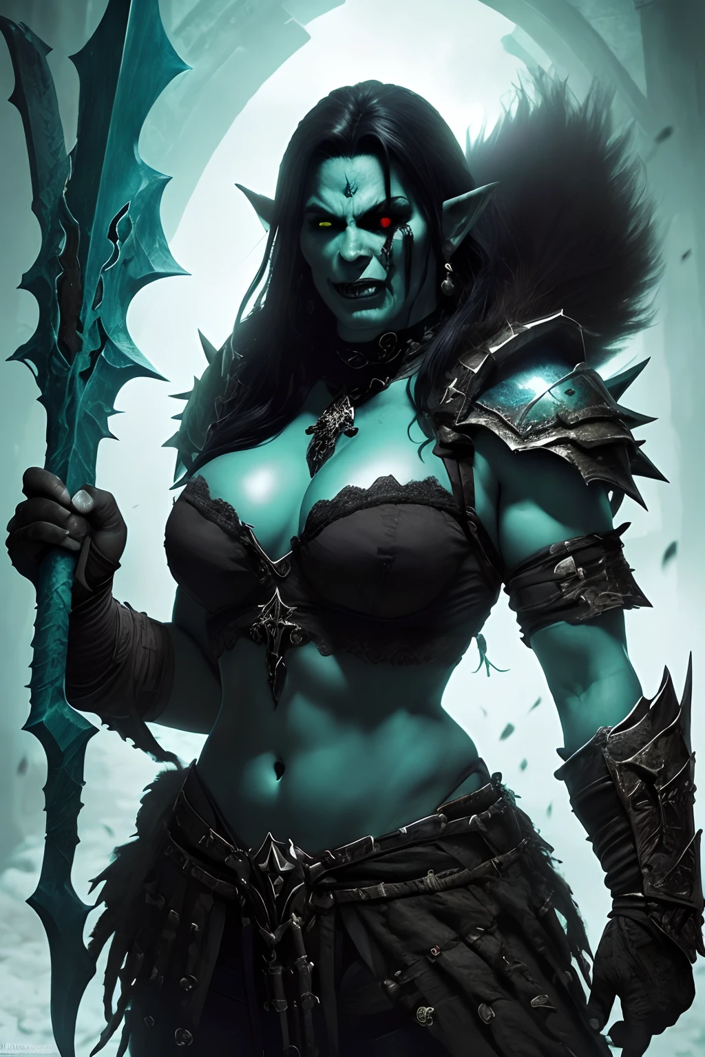 (papel de parede 8k extremamente detalhado), An average photo of a fearsome beautiful female Orc necromancer, intrincado, alto detalhe, Dramatic