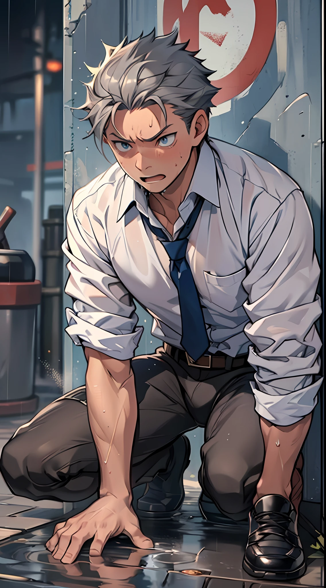 (1 Adult male),A high resolution, Sharp focus, Pixiv masterpiece, ((Complicated details)), highly detailed, natsuki_subaru,Multi-view upper body,Suit pants view, 1 man,is shy,Pee on the legs,pissing,Urine runs down the thighs,embarressed,exhilarated,is shocked,panicking,worry,A small puddle of their own urine forms around the feet,full bodyesbian,kneels on the ground,Very eager to pee,It's uncomfortable,Wet yourself,Urine discharge, Sweaty crotch,Drenched,rain,The shirt is soaked,(A gesture of pleading),blue color eyes(eyes glowing), Short gray hair,white shirt,Wear a tie,Wear a belt,Black suit trousers,perspire,look from down