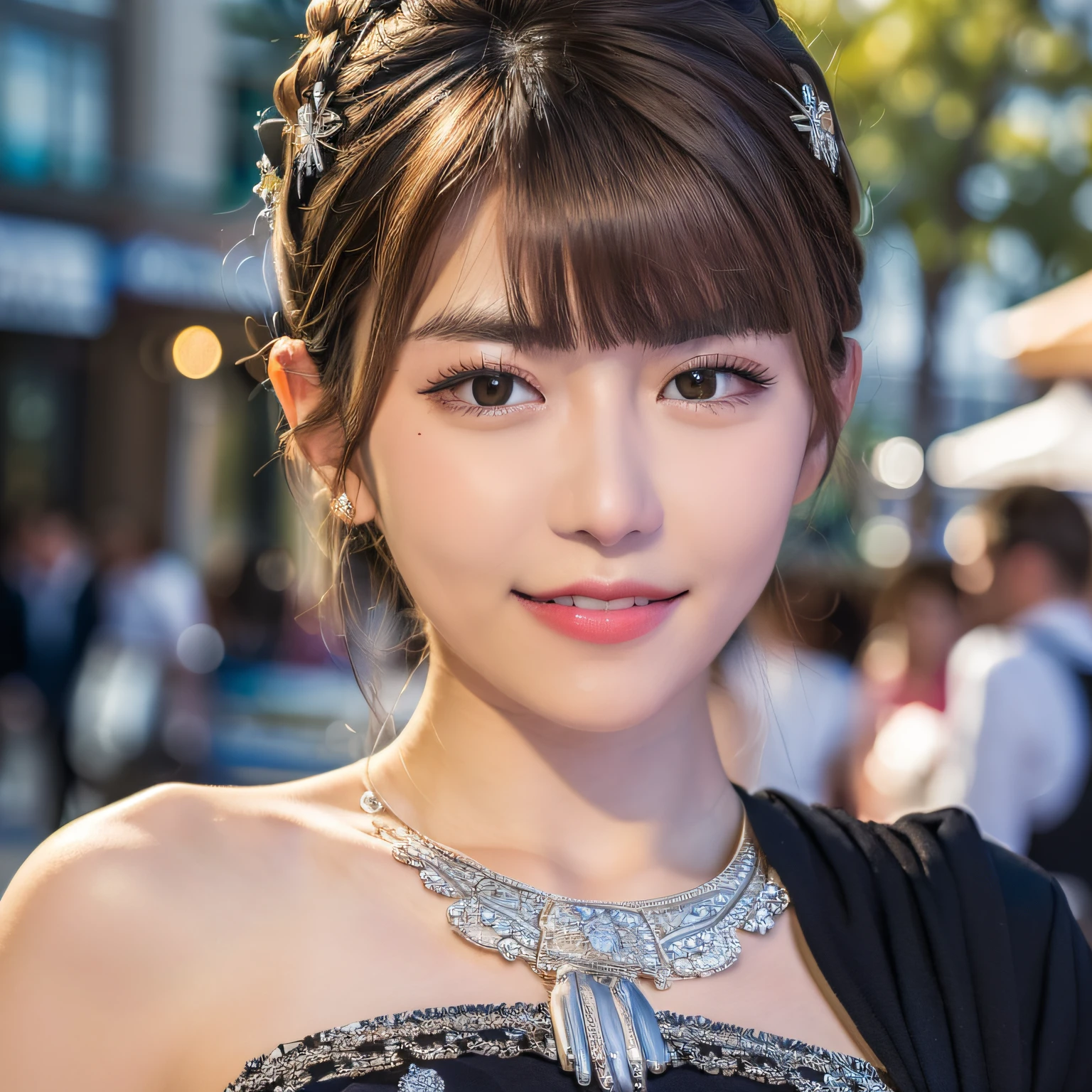 ((Best quality, 8k, Masterpiece :1.3)), 1girl, smiling, full body, slim face, Pretty woman, (Dark brown hair), full length dress :1.1, Ultra-detailed face, Detailed eyes, Double eyelid, blur background, slim face, city, outside, street,