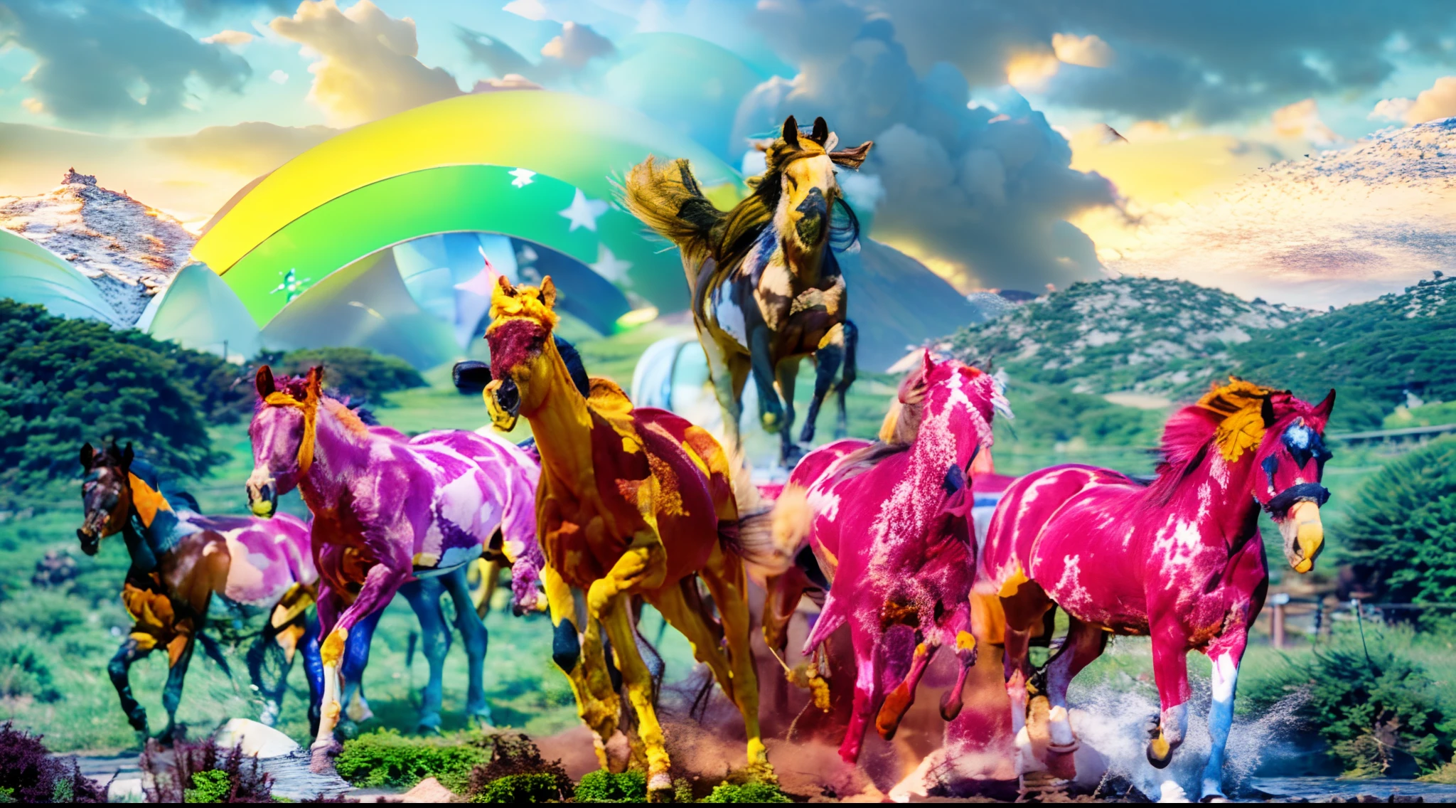 8 horses,A grand spectacle,super wide shot,1#cavalos,2#cavalos,3#cavalos,4#cavalos,5#cavalos,6#cavalos,7#cavalos,8#cavalos。Eight extremely special and rare horses surround each other,A large herd of horses galloped ahead,Gallop like a clock across the steppe。The vast plains of the epic scene are rich in aquatic plants,In the distance is the snow-capped Mount Everest,Snow creek flows into the sea,At the other end is the magnificent City of Giants,The horse team entered and exited from the direction of the city gate。The first is a projective pegasus from the Supreme Heaven, It has a rainbow aperture from the Supreme Heaven,She walks between light and purity,No additional ornaments were needed to highlight her dignity and holiness,Even the sky revealed her clear sky,She has a deep hostility to the nightmarish, heavy journey from hell,The two never put their heads next to each other。Surrounded by sulfur flames, Hell uses every hoof of horseback hard, Step on the grass from the lava on the ground。The sky on the steppe is brighter because of the rainbow,Lava makes the Earth deeper。The wind wings of the wind elf horse let its position be erratic,She flicks the cyan aperture with her hand,Always can't help but tease the mechanical horse。The mechanical horse mecha is full of beauty,The shoulder back position always reveals a delicate mechanical fitting,Four feet with hydraulic pump and electromagnetic ejection device。Unicorns want to steal the limelight from all the horses with their pure and flawless beauty,Her unicorn flashed with the power of thunder。But on the side, Fairy Ryoma is being compared to it,The fairy dragon is full of small stars shining with magical brilliance。Their unique elven-patterned armor and colorful saddles make them the most fashionable horses。The female knight charges on her knightly warhorse,Her lofty ideals make her unstoppable,No doubt about it,She is the protagonist of this photo。There is also a chaos horse from uncharted territory,She blended i