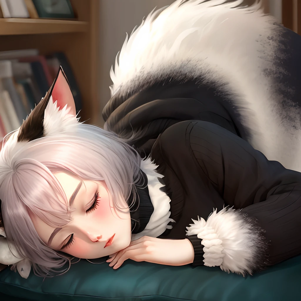 Black silk sweater, white fur beast ear blushing and lying down