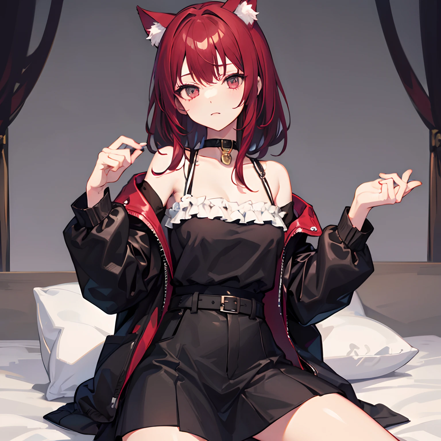 1 girl, solo, dark red hair, badass girl, seductive, bedroom background, black outfit, different hairstyle, short and long hair, with cat ears, cute cat