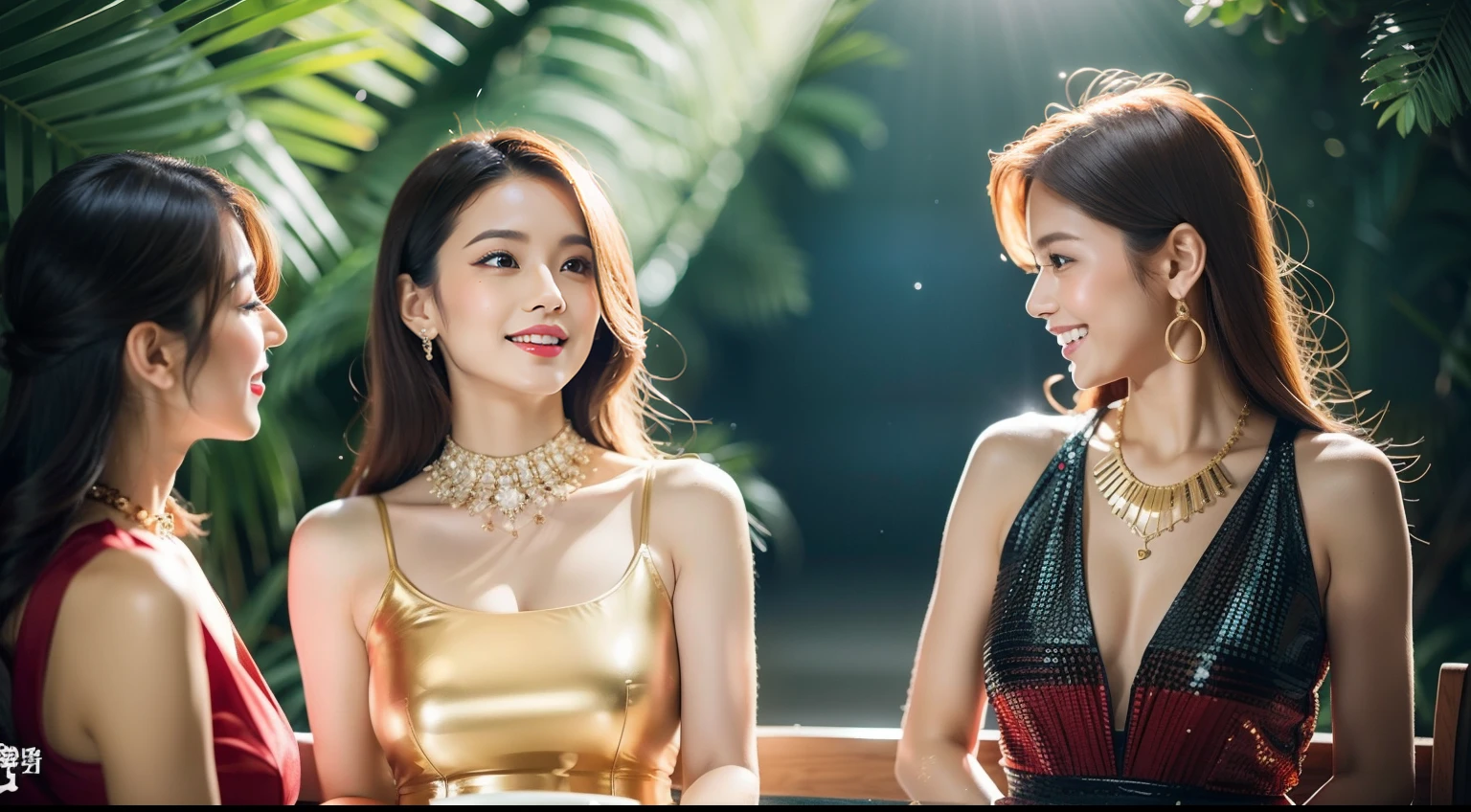 （8K分辨率，Photographs of legs），（Multiple women，20yr old，（The facial features of Thai Aump：1.8，Thin skeletal cheeks，s delicate face），com rosto detalhado，Lovely face，com rosto detalhado，详细的脸，Ultra-fine makeup，Black colored eyes，（Look in different directions），Long dark red hair，（Messy has layers），Redlip，Fair smooth skin，（Best Skin Type：1.21），mediuml breasts，（（Thai evening dress：Siwalai，Delicate shawl straps，Luxurious ladies' tube dresses），A small number of flower hairpins，Luxurious necklaces and bracelets），Tall and tall，The action of flying kisses，perfect hand，Ultra-fine clothing material），（party，banquet，tropical trees，Flower wall，Exquisite environmental details），（exhilarated，confident smile，Rejoice，intimacy），（profesional lighting，动态照明），（（The colors are relatively uniform，Noble sexy，vivaciousness，rays of sunshine（golden colored，red colour，in pink））），（Golden section，Cinema lenses，Dynamic shots，Hasselblad photograp，tmasterpiece：1.3），（adolable，rays of sunshine，vivaciousness，mistic，fanciful，Little woman，trendsetting，Folklore，Artis，Art platform）