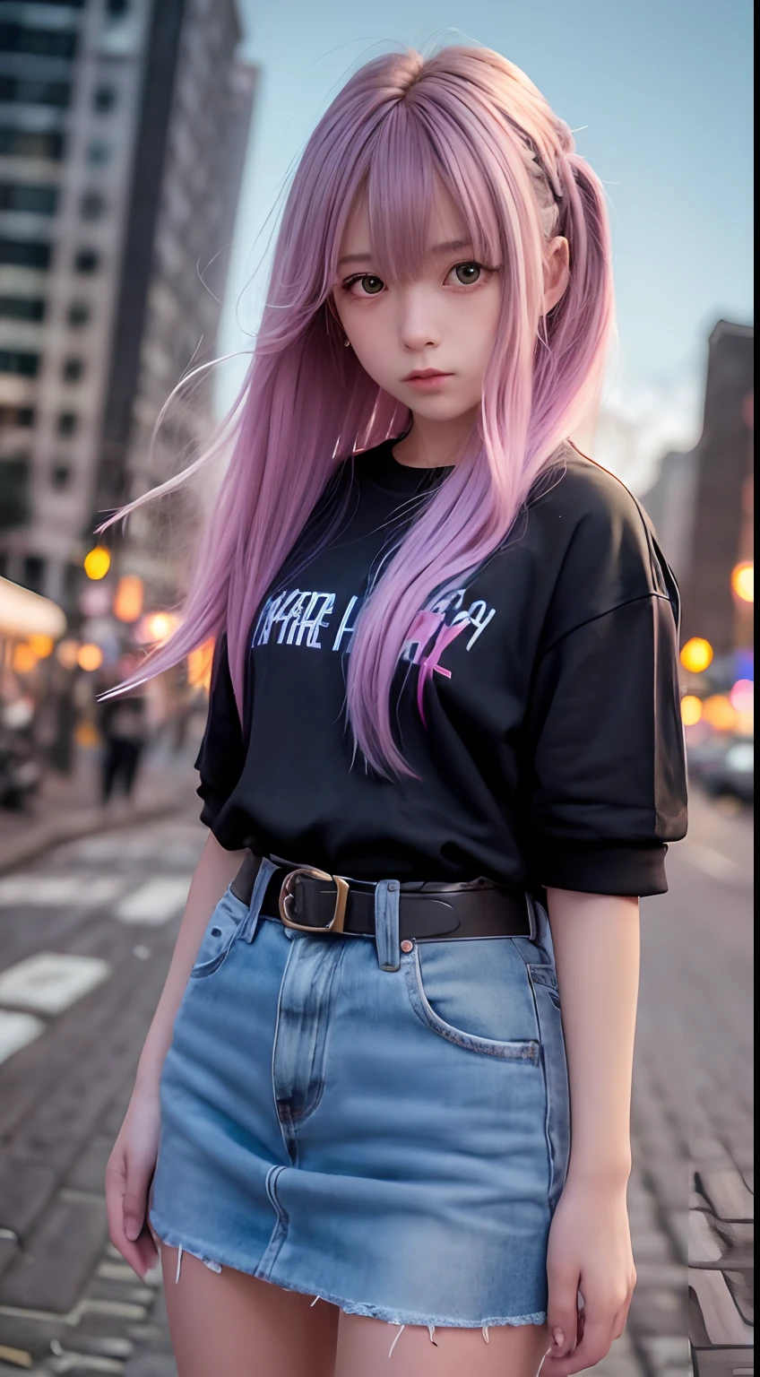 NY, (gradient hair, dutch angle:1.3), film grain, chromatic aberration, city, masterpiece, best quality, raw photo, photorealistic, absurdres, 1girl, cute, perspective, cowboy shot, highres, ultra detailed, detailed eyes and face, sharp pupils, realistic pupils, sharp focus, summer, night,