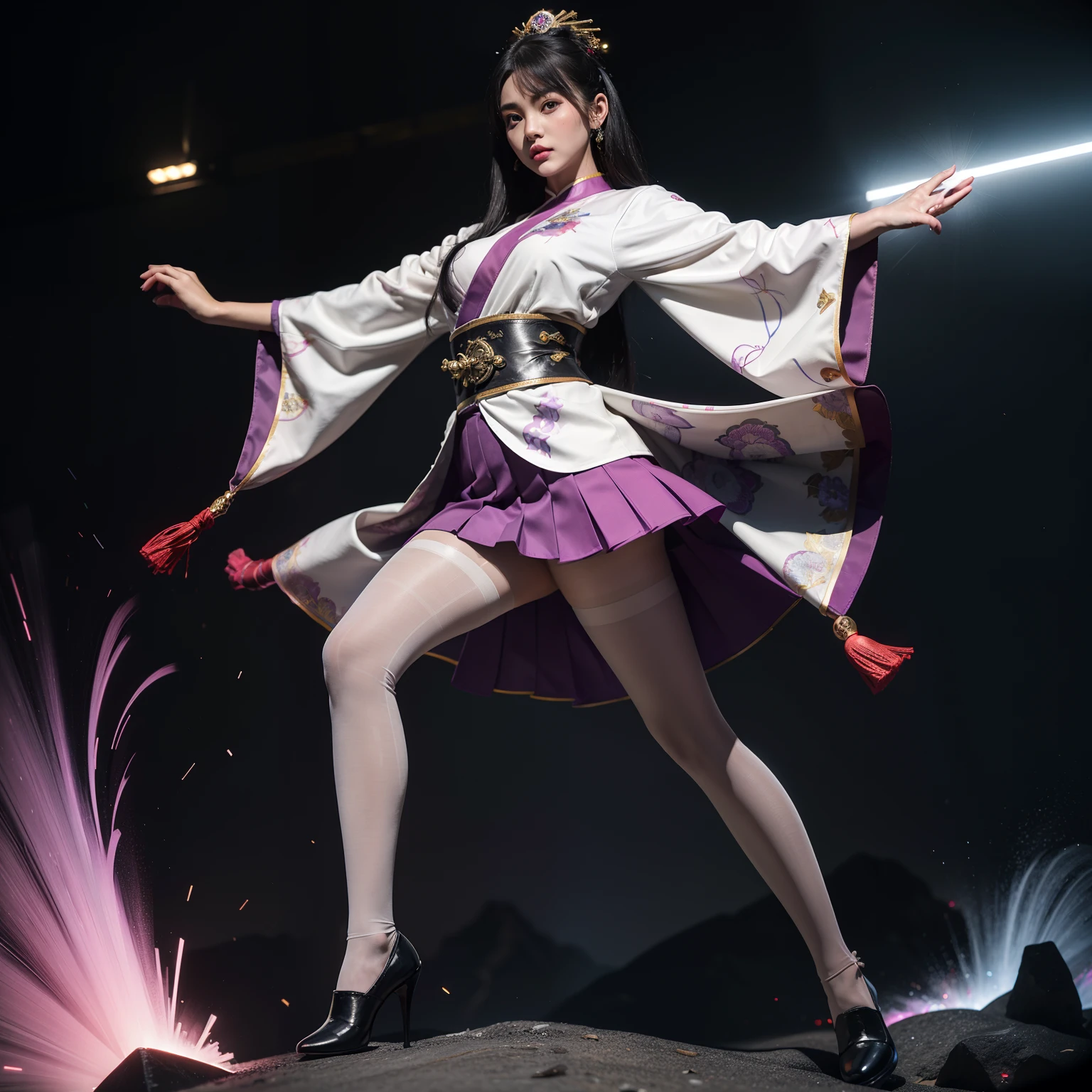 (full body:1.5),(1girl:1.3),(view the viewer:1.4),(anatomy correct:1.45),(Dancing on high mountain peaks:1.3),(very thick printed pantyhose:1.4),( Chinese woman Wear printed fantasy imperial robe style JK student uniform pleated skirt and uniform pointed high-heeled leather shoes :1.35), (Light particle effect:1.3),(In pink | amarelo | blue colors| green color |red color | white colors| black in color| purplish color| greys| Beige| Flesh color 1.4),(Glowing eyes:1.3),(Large amplitude action: 1.3),(Accurate and perfect face:1.4),hyper HD, Ray traching, reflective light,structurally correct, Award-Awarded, high detail, lighten shade contrast, Face lighting,cinmatic lighting, tmasterpiece, super detailing, high quality, high detail, best quality, 16k,High contrast,