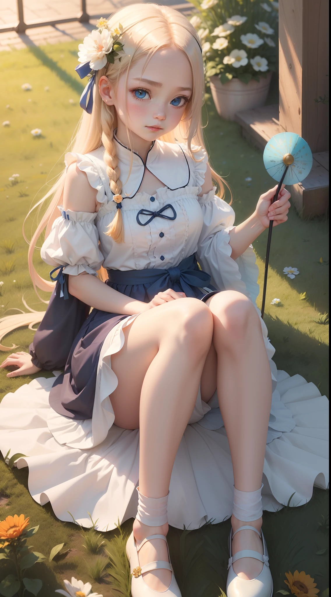 (((brightly)))'s(blue color eyes)Little girl,Fair skin((milkyW)of porcelain),(golden)The long hair was gently blown by the wind,Tassels scattered around{{Pink big breasts}}'s(Bow knot)Upp。She is wearing a(white colors)of dresses,Embroidered on the hem(Small blue flower),Feet are covered{brown pubic fur}Small leather shoes,Stepping on the soft one(green meadows)Upp。On her right side,an Quority(Orange-yellow)Kitten,He stared blankly at what was in her hand(Woody)of spinning windmills,The colorful blades on the windmill sparkle in the sun。